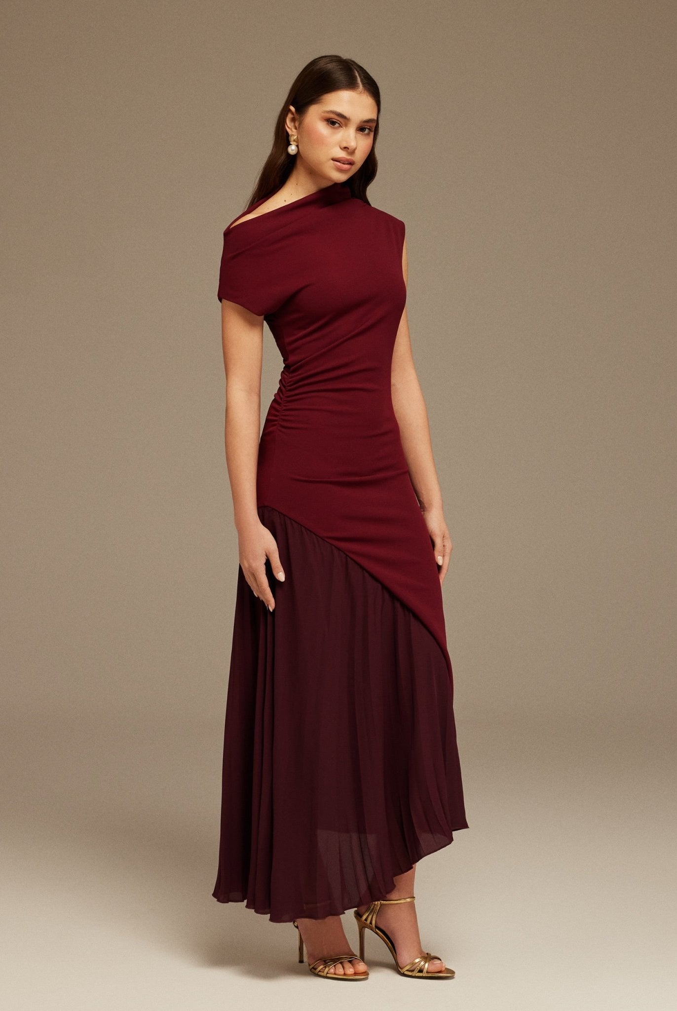 Burgundy Asymmetric Neckline Midi Dress with Pleats - shopaleena