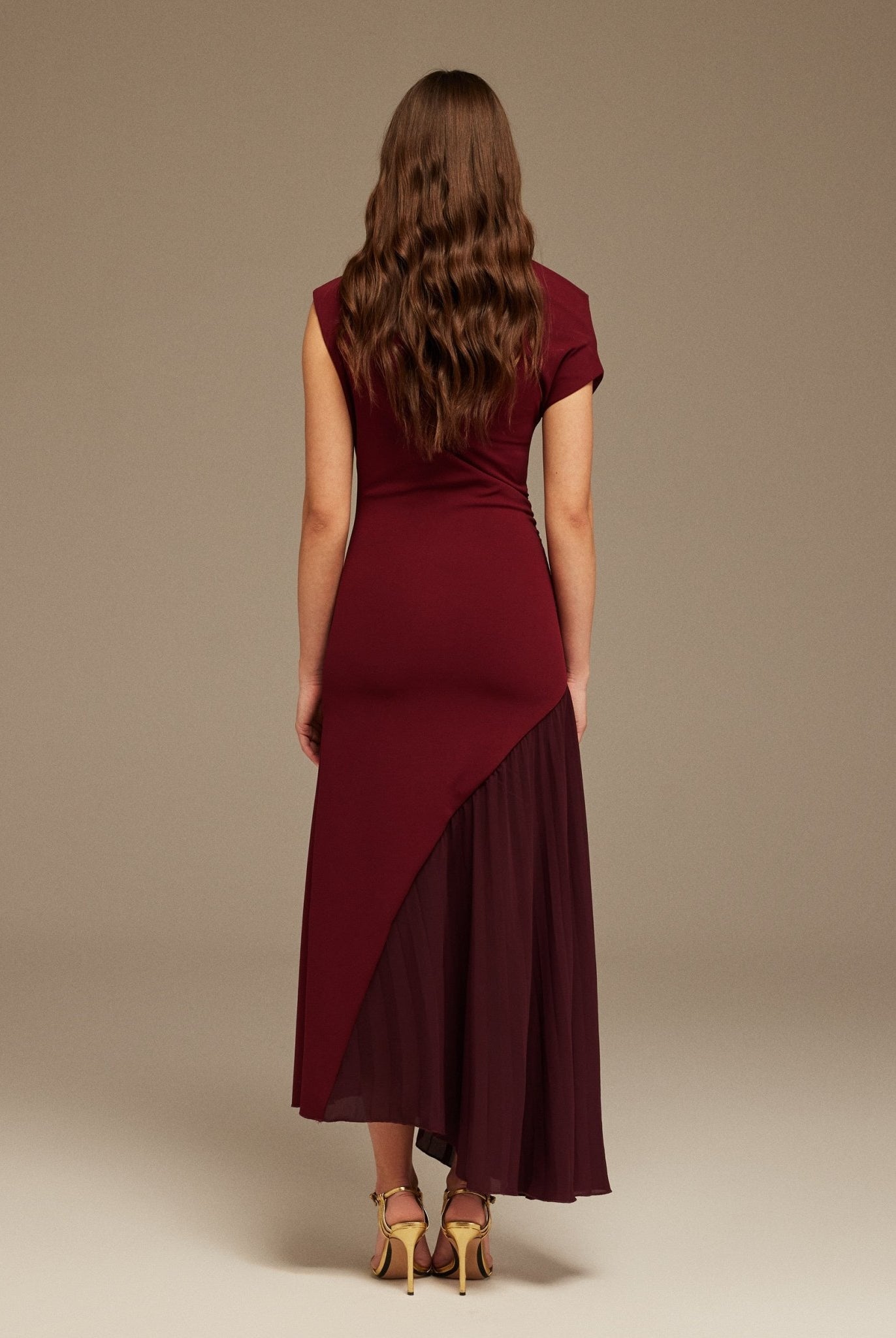 Burgundy Asymmetric Neckline Midi Dress with Pleats - shopaleena