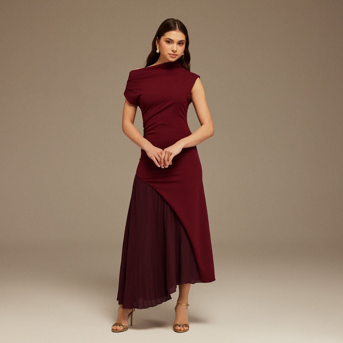 Burgundy Asymmetric Neckline Midi Dress with Pleats – shopaleena