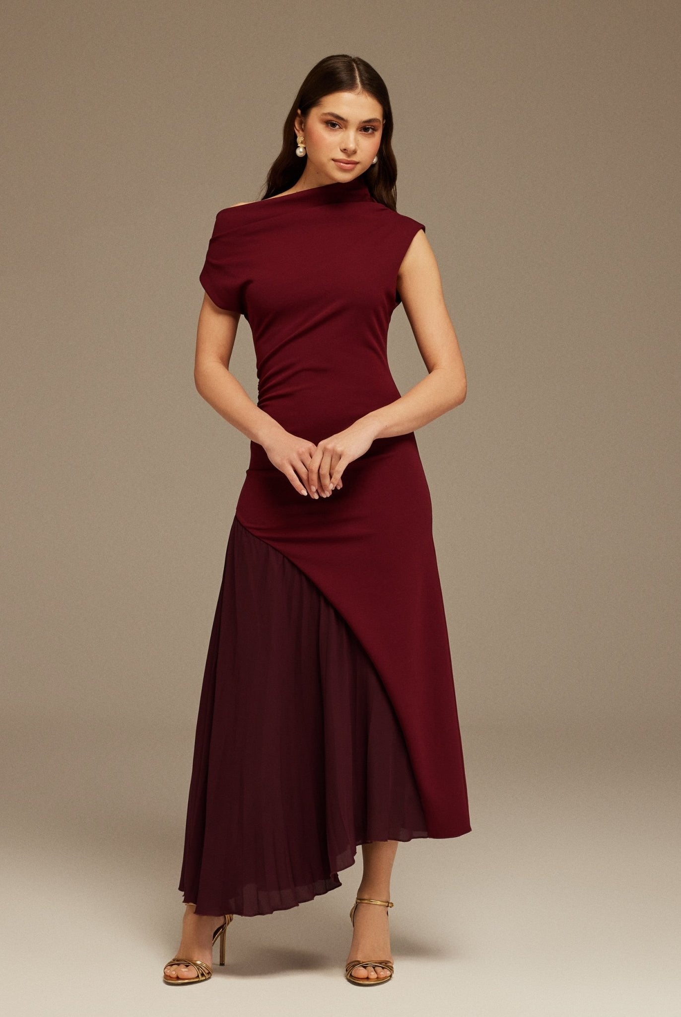 Burgundy Asymmetric Neckline Midi Dress with Pleats - shopaleena