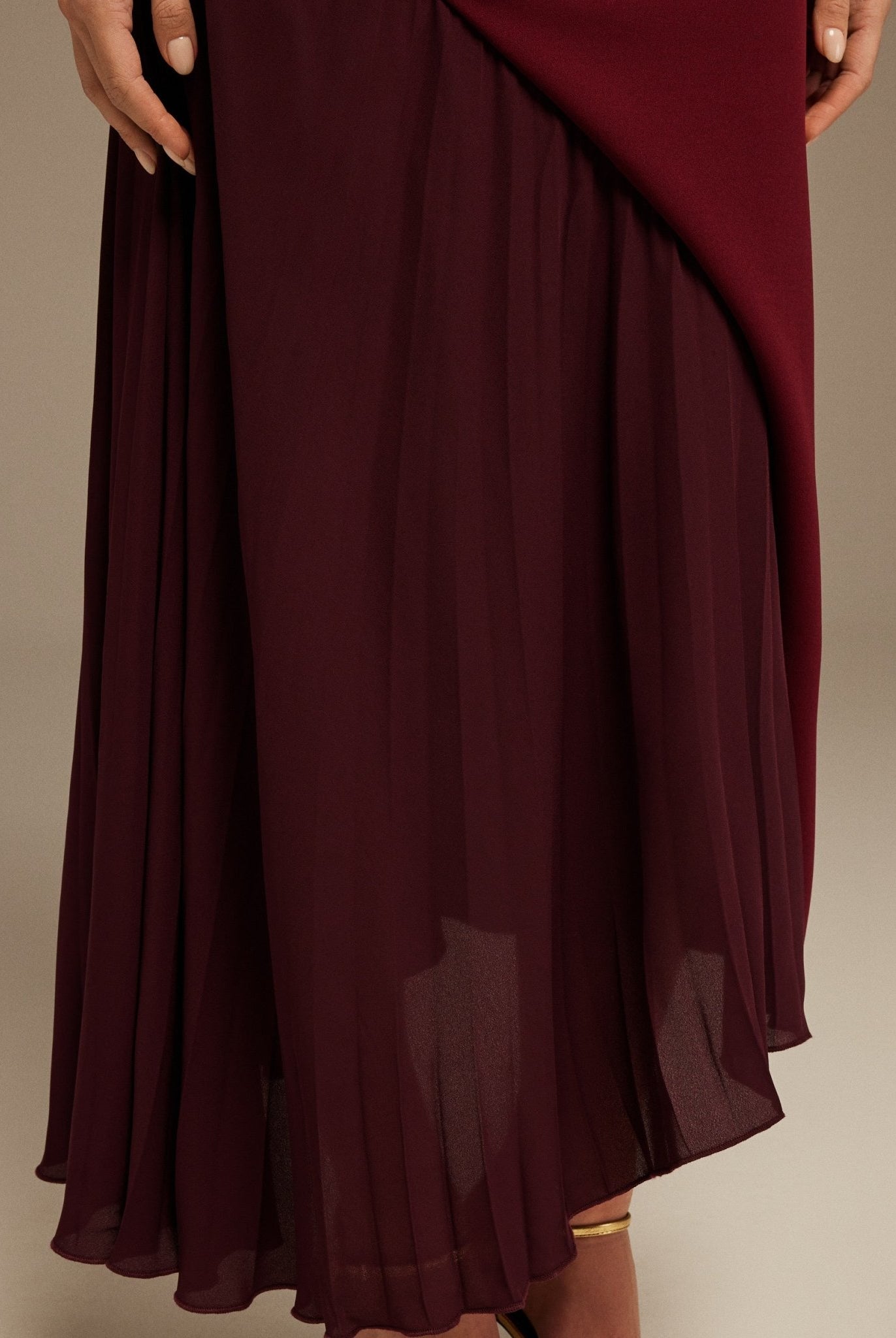 Burgundy Asymmetric Neckline Midi Dress with Pleats - shopaleena