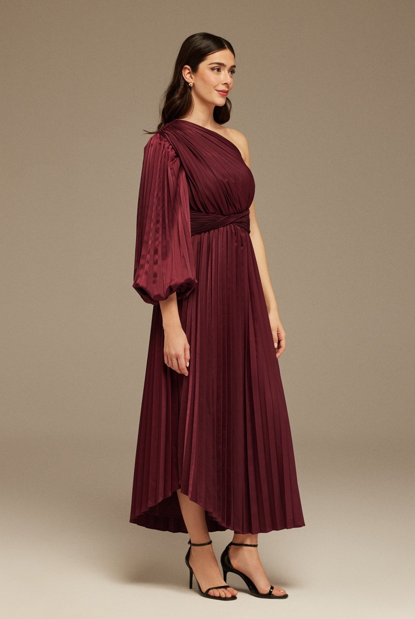 Burgundy Asymmetric One Sleeve Pleated Long Dress - shopaleena