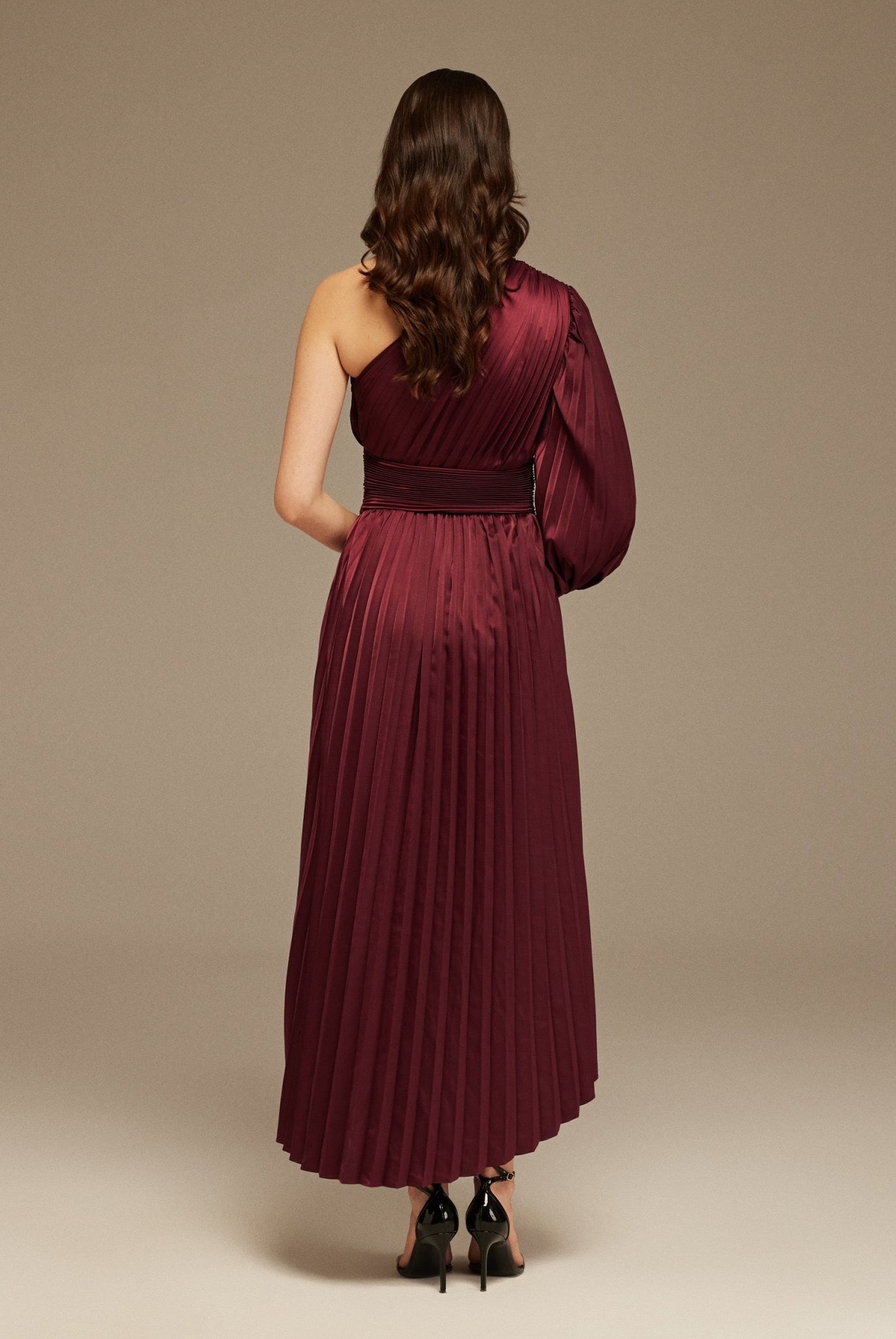 Burgundy Asymmetric One Sleeve Pleated Long Dress - shopaleena