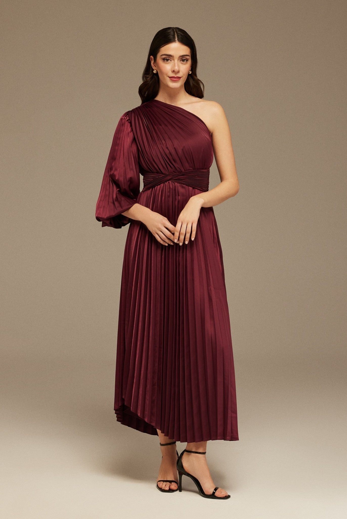 Burgundy Asymmetric One Sleeve Pleated Long Dress - shopaleena