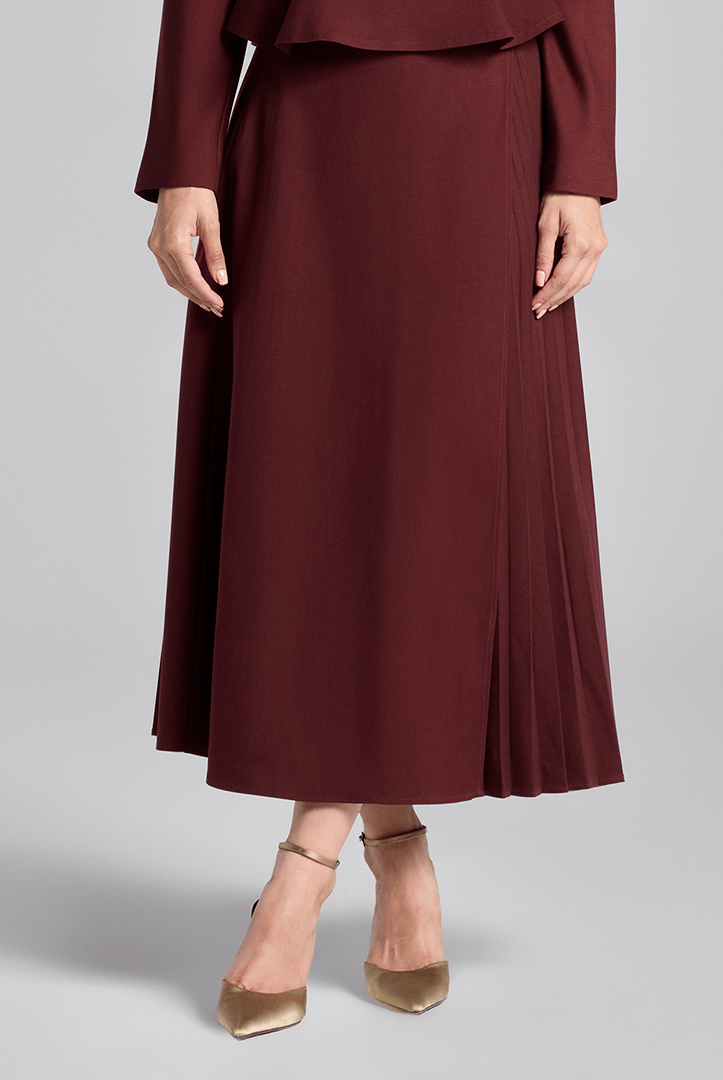 Burgundy Asymmetric Wool Midi Skirt - shopaleena