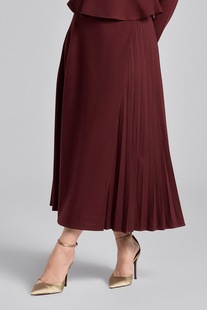 Burgundy Asymmetric Wool Midi Skirt - shopaleena