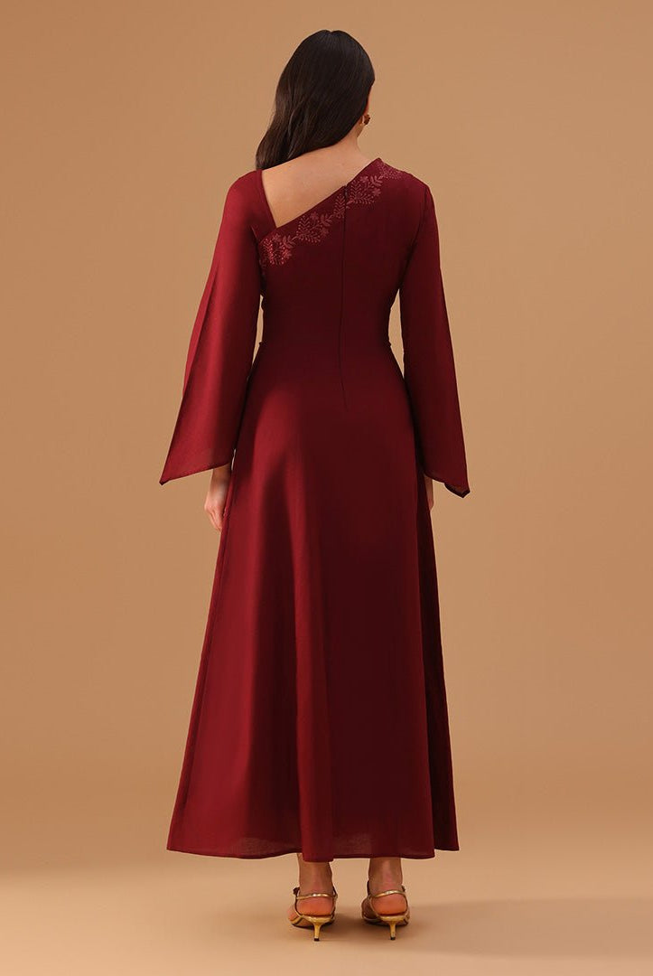 Burgundy Bare Shoulder Long Sleeve Embroidered Dress - shopaleena