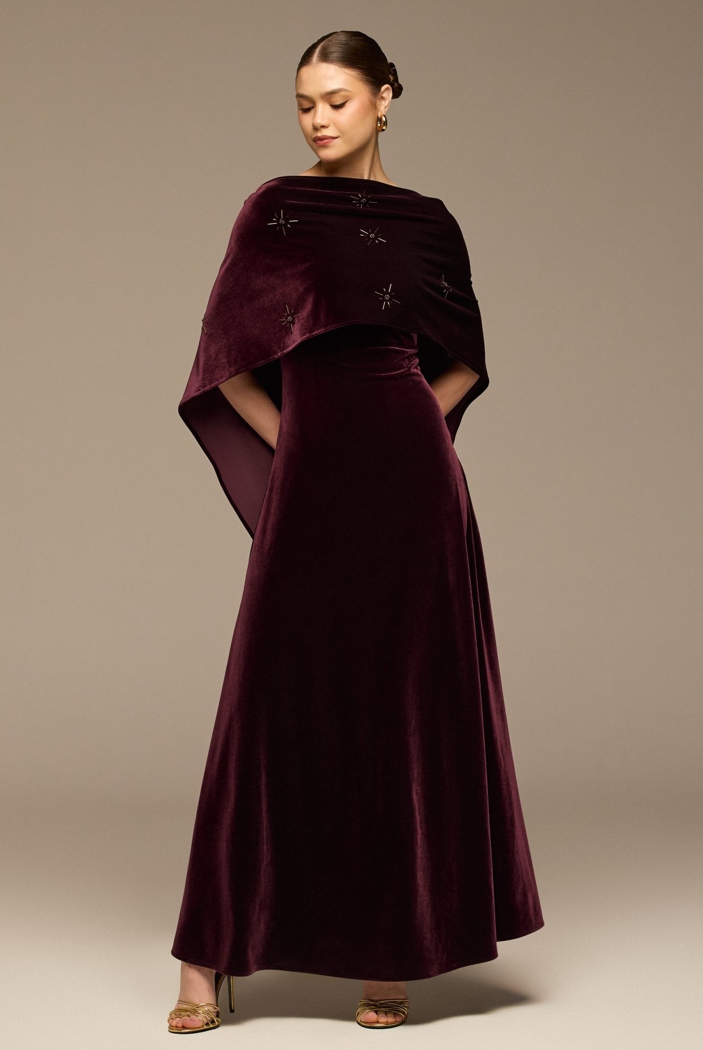 Burgundy Beaded Velvet Maxi Dress - shopaleena