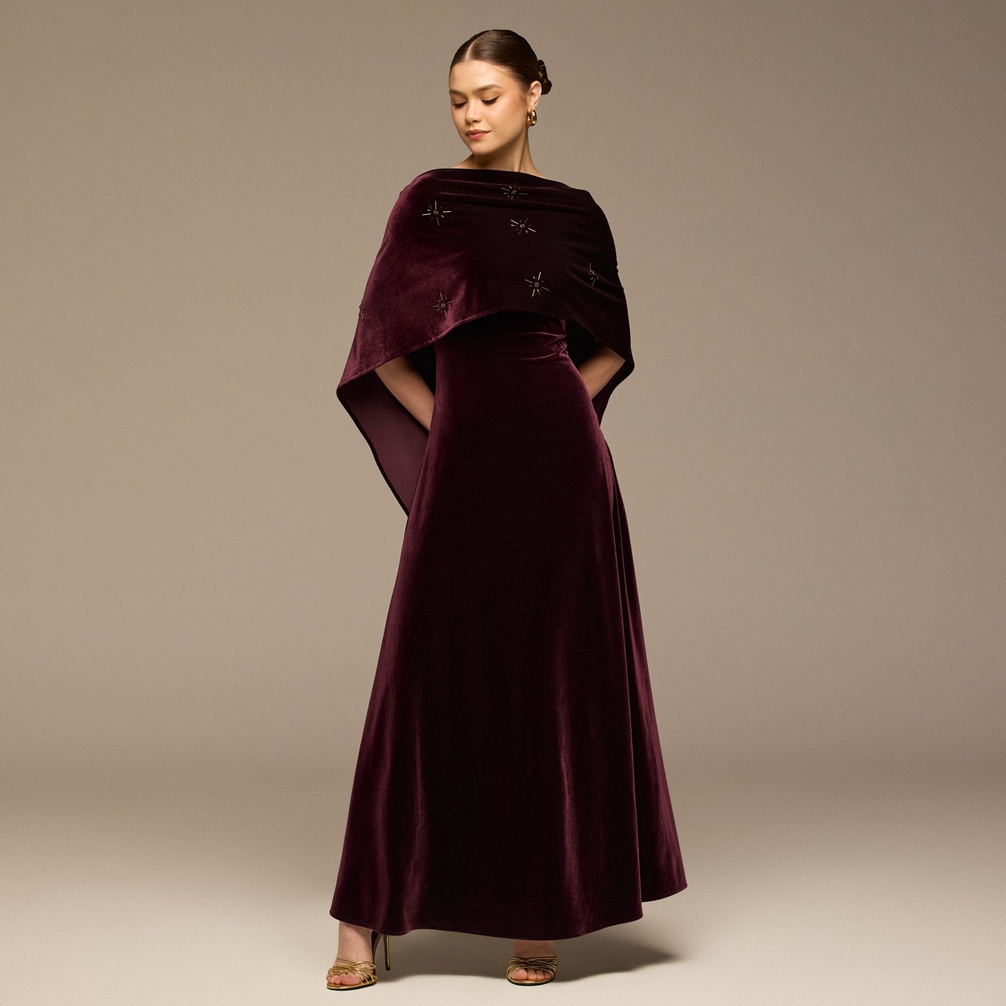 Burgundy Beaded Velvet Maxi Dress - shopaleena