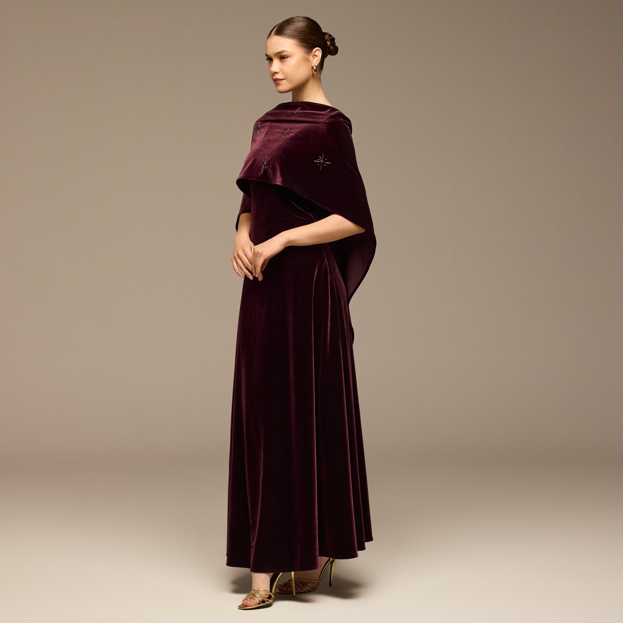 Burgundy Beaded Velvet Maxi Dress - shopaleena