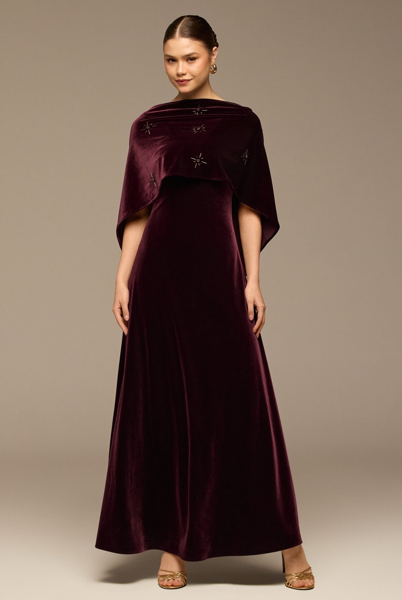 Burgundy Beaded Velvet Maxi Dress - shopaleena