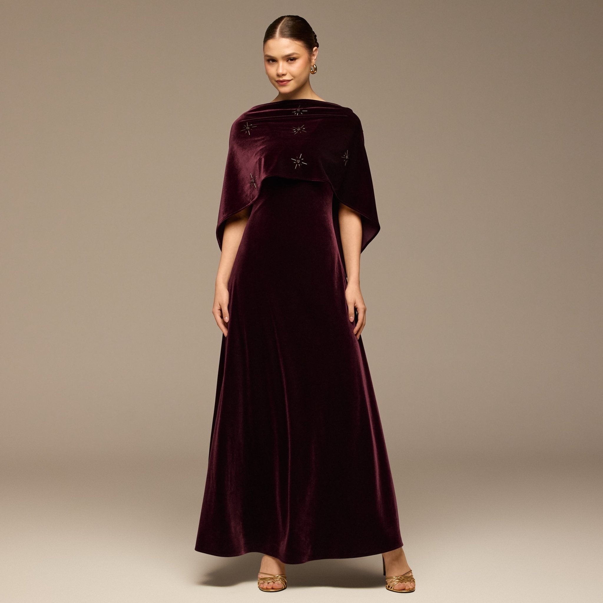 Burgundy Beaded Velvet Maxi Dress - shopaleena