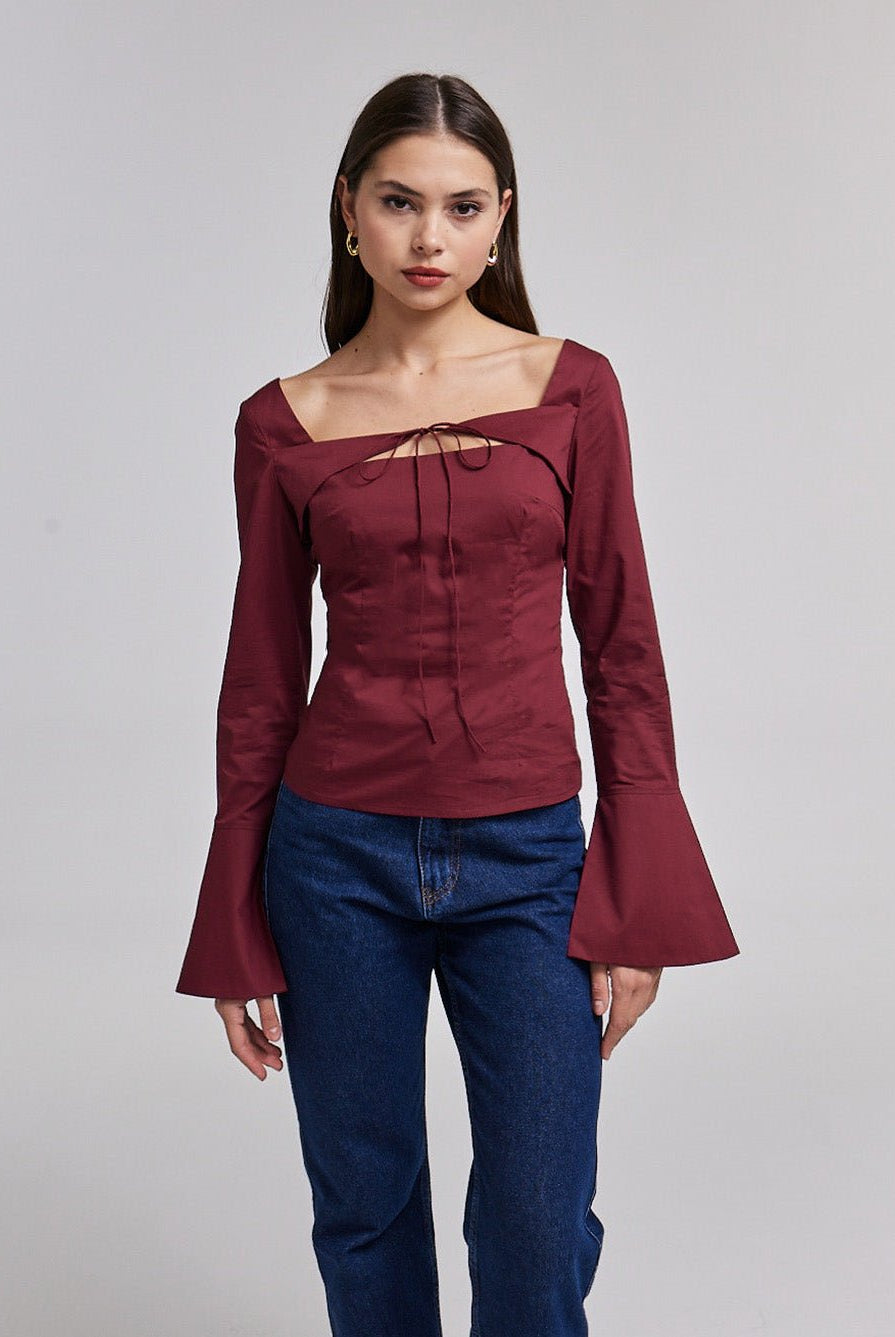 Burgundy Cotton Square Neck Long Sleeve Top - shopaleena