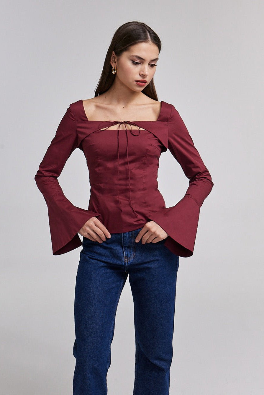 Burgundy Cotton Square Neck Long Sleeve Top - shopaleena