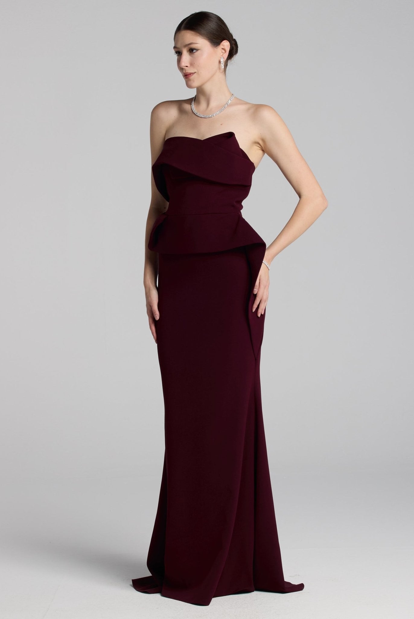 Burgundy Crepe Gown with Peplum Drape - shopaleena