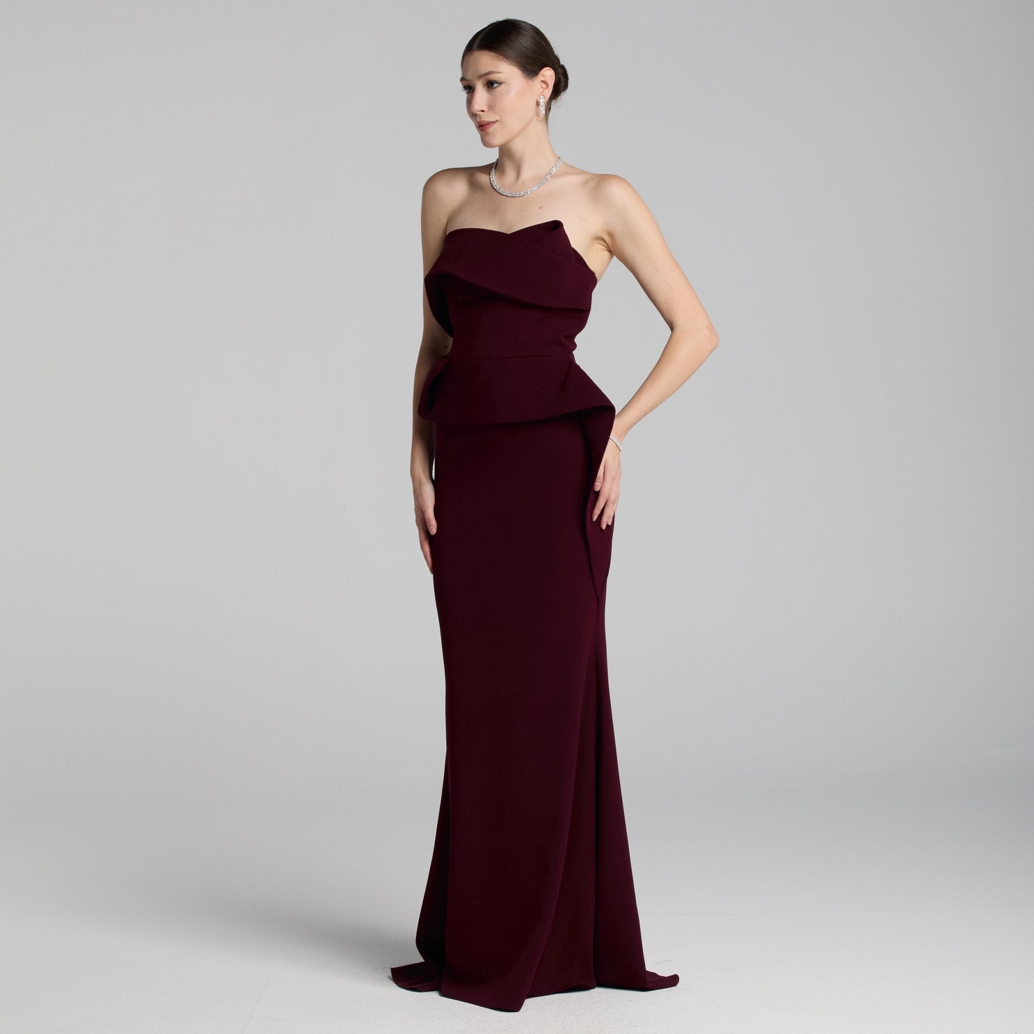 Burgundy Crepe Gown with Peplum Drape - shopaleena