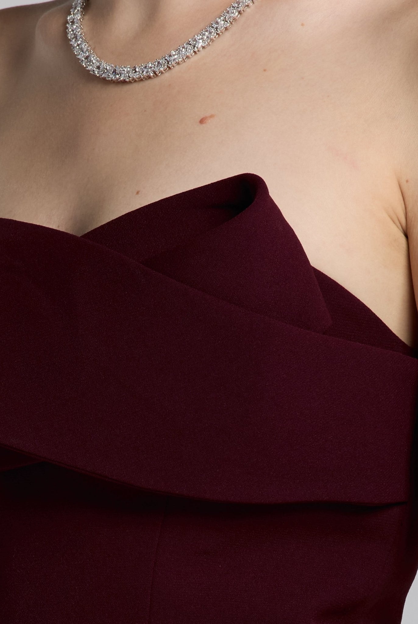 Burgundy Crepe Gown with Peplum Drape - shopaleena