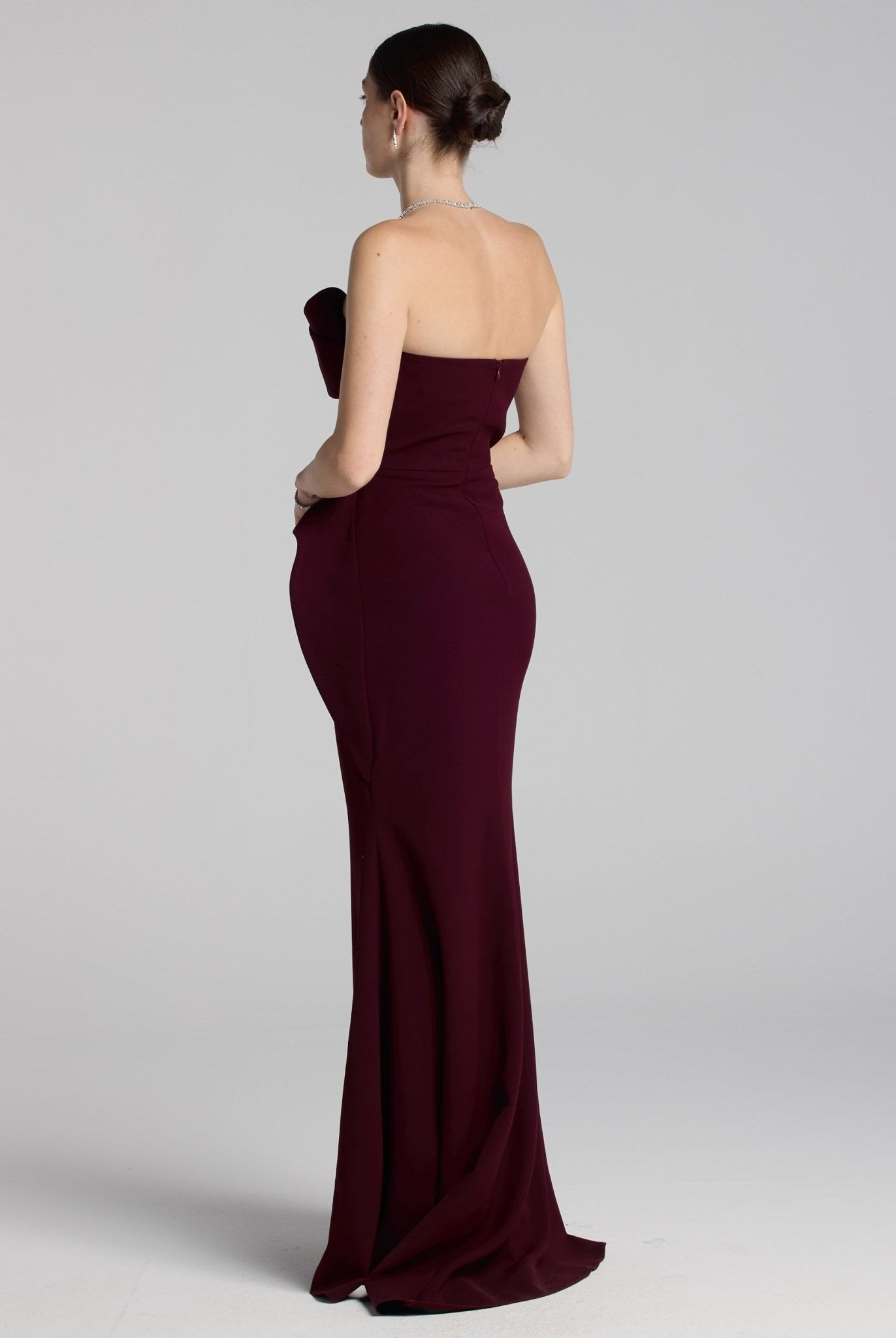 Burgundy Crepe Gown with Peplum Drape - shopaleena