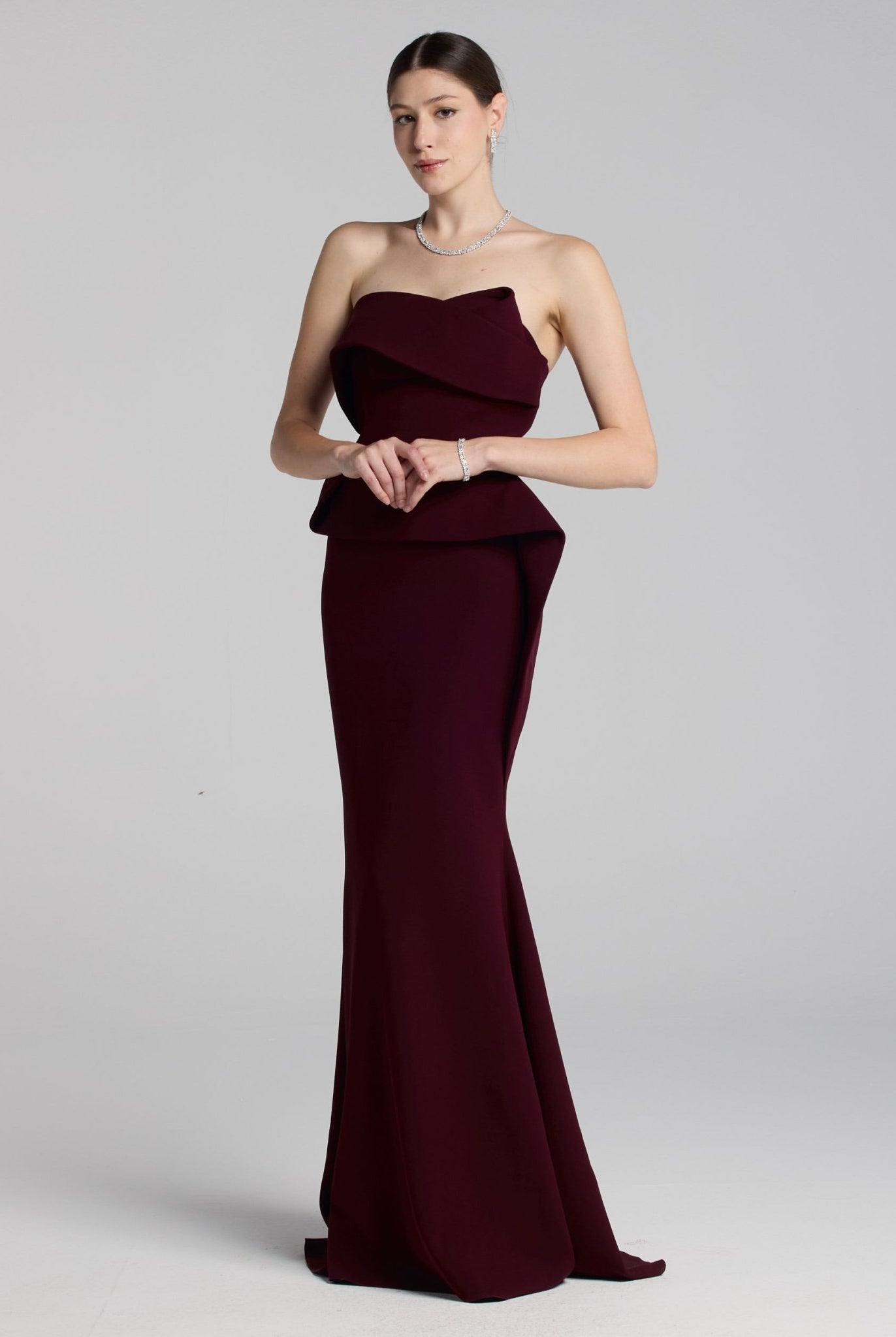 Burgundy Crepe Gown with Peplum Drape - shopaleena