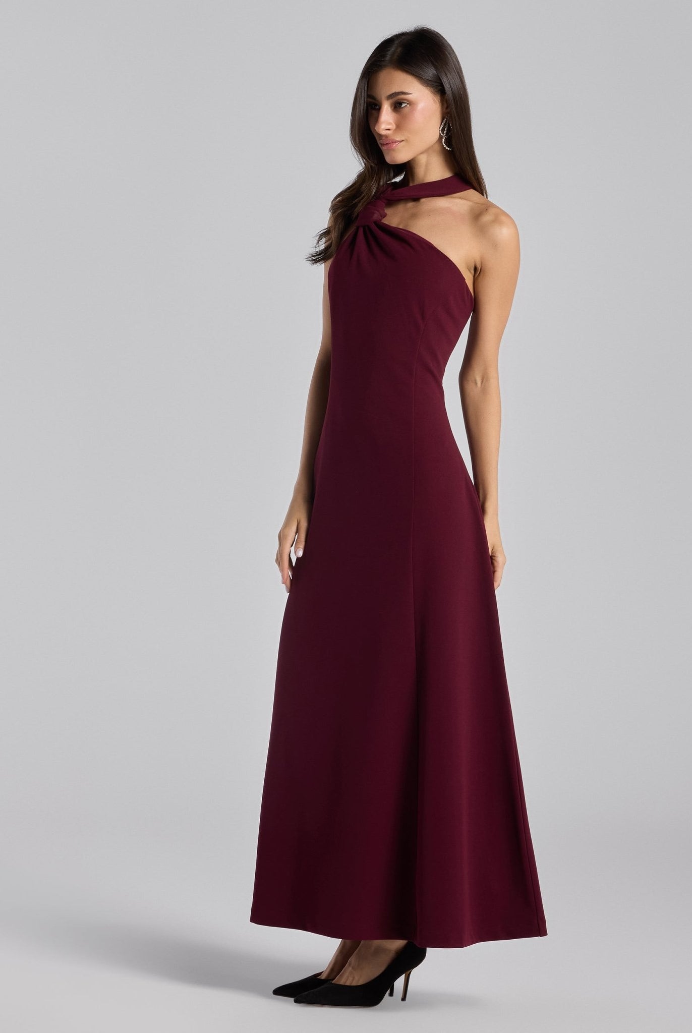 Burgundy Crepe Knot Halter Maxi Dress - shopaleena