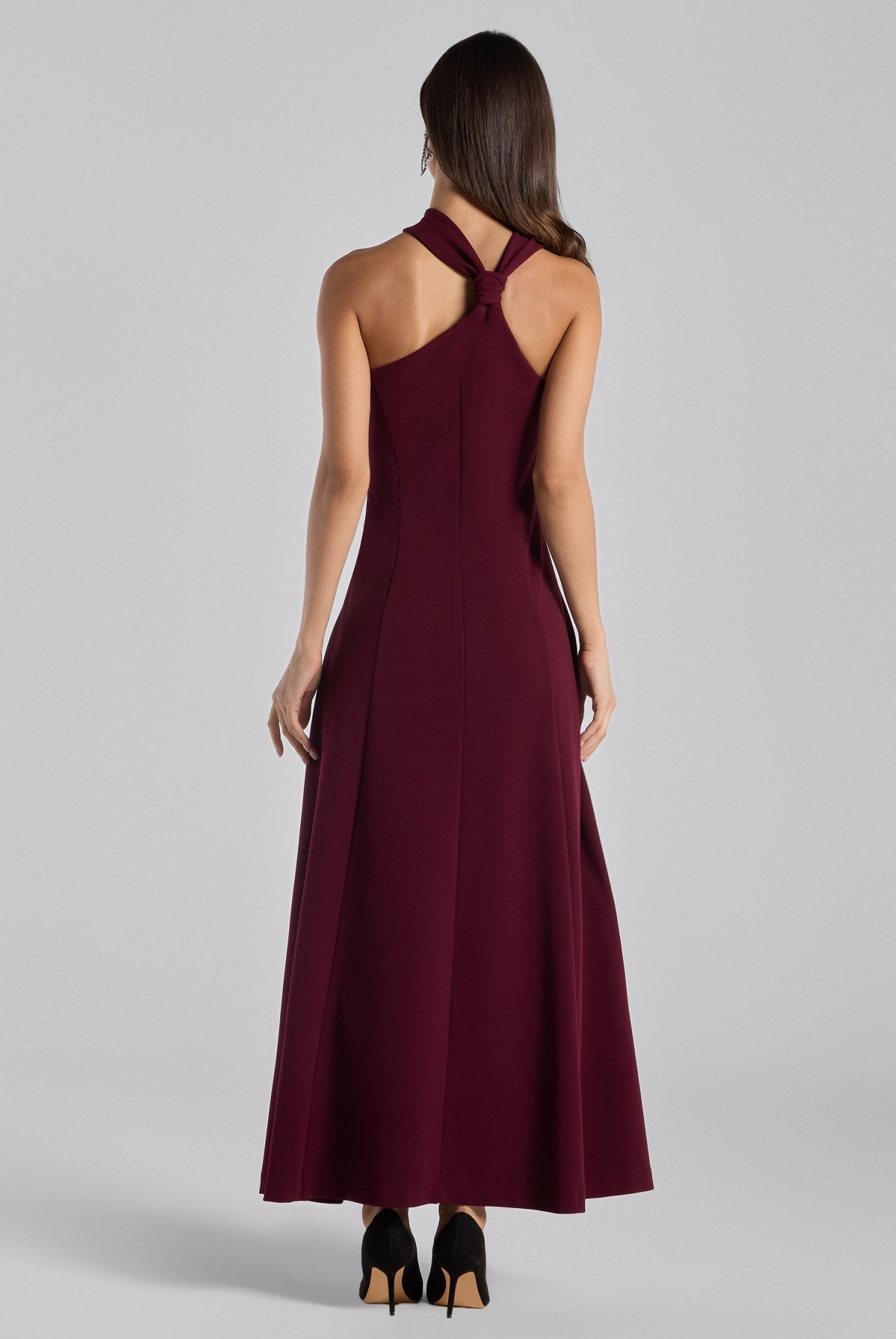 Burgundy Crepe Knot Halter Maxi Dress - shopaleena