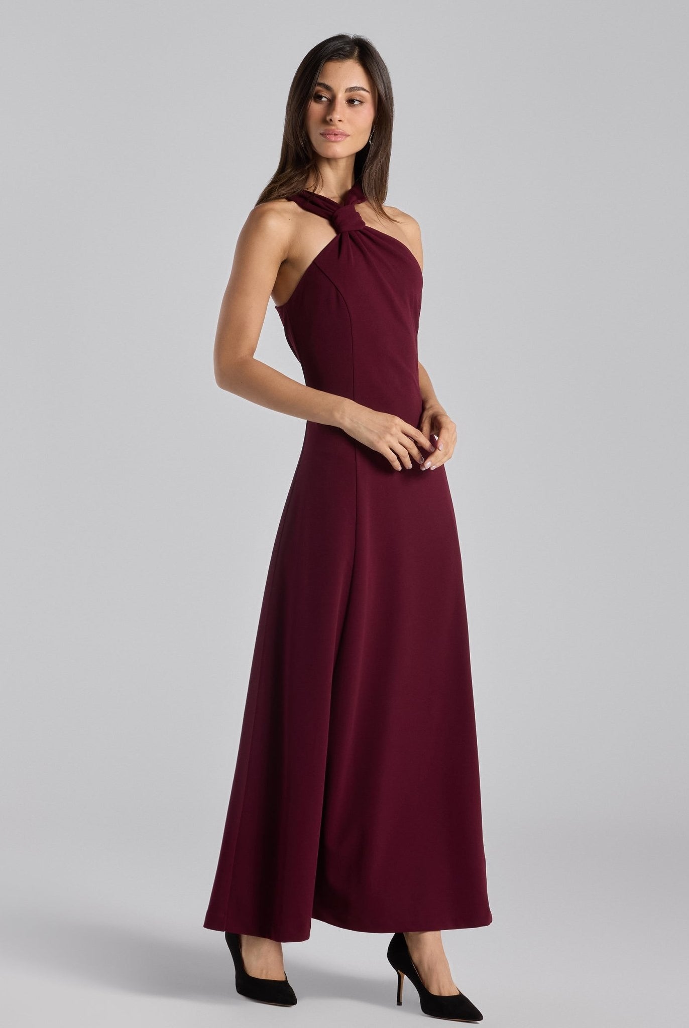 Burgundy Crepe Knot Halter Maxi Dress - shopaleena