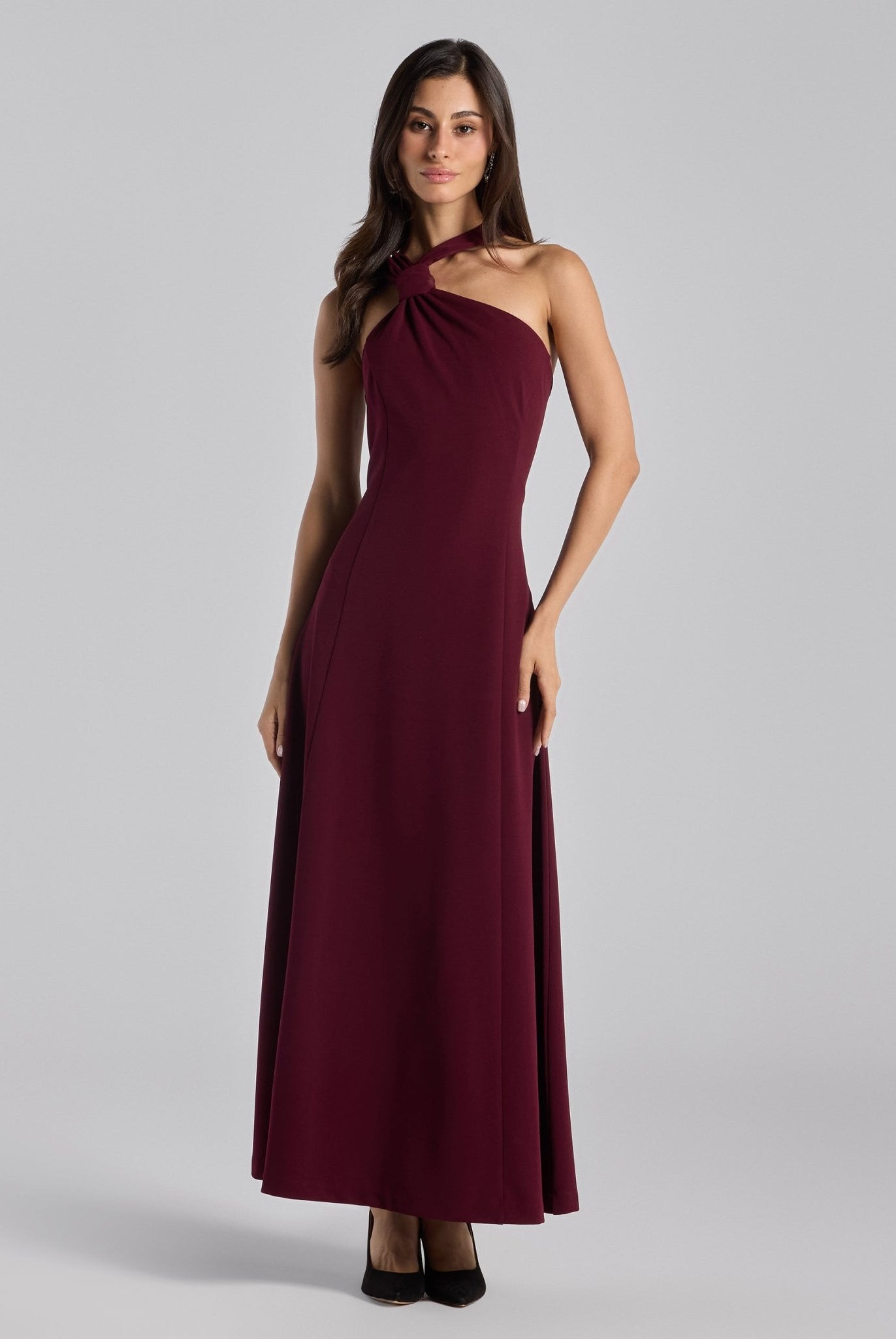 Burgundy Crepe Knot Halter Maxi Dress - shopaleena