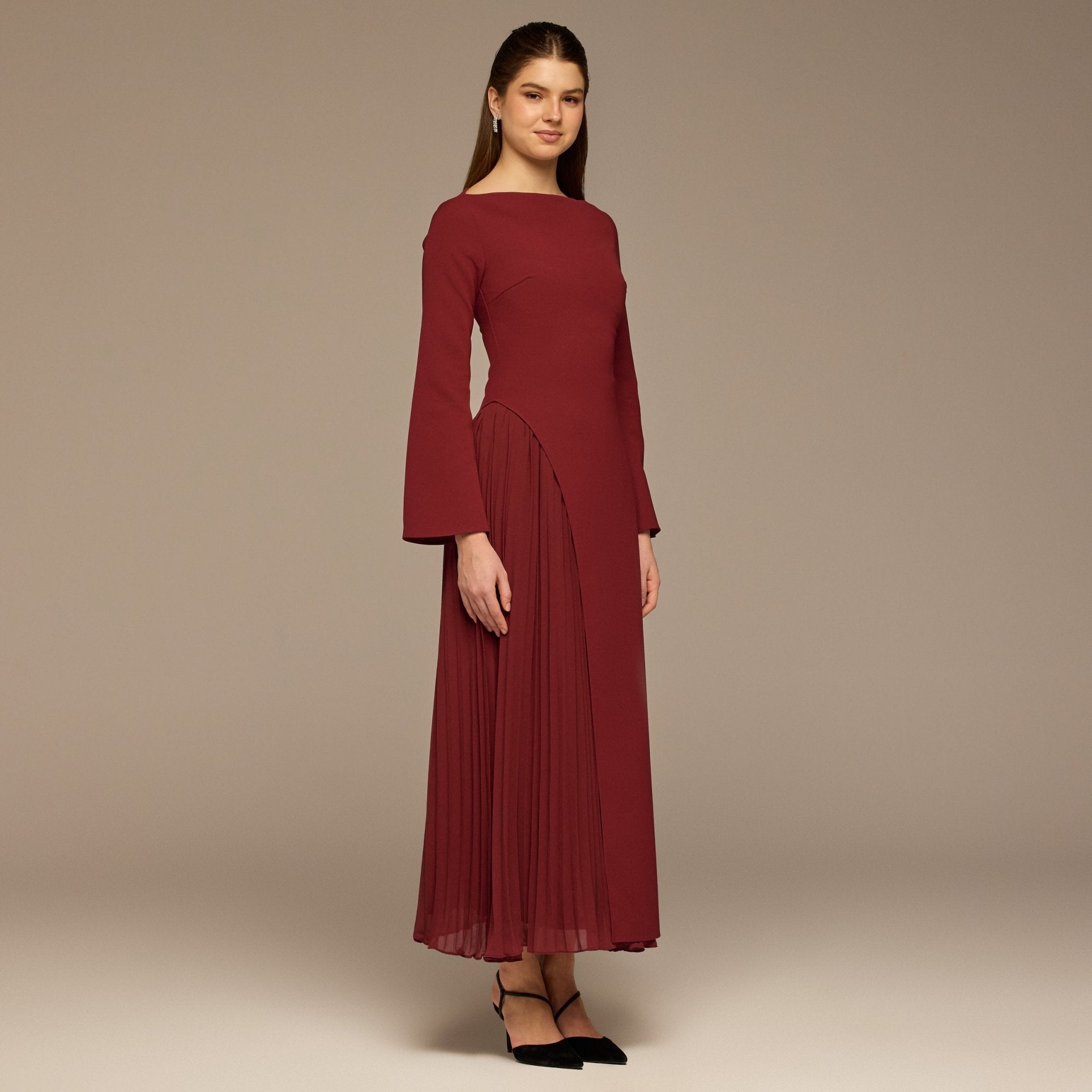 Burgundy Crepe Maxi Dress with Side Pleated Panel - shopaleena