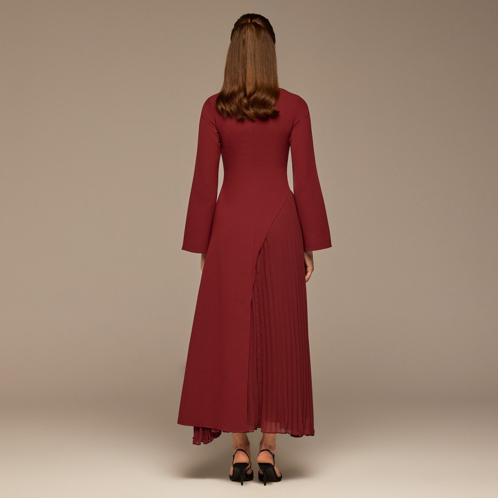 Burgundy Crepe Maxi Dress with Side Pleated Panel - shopaleena