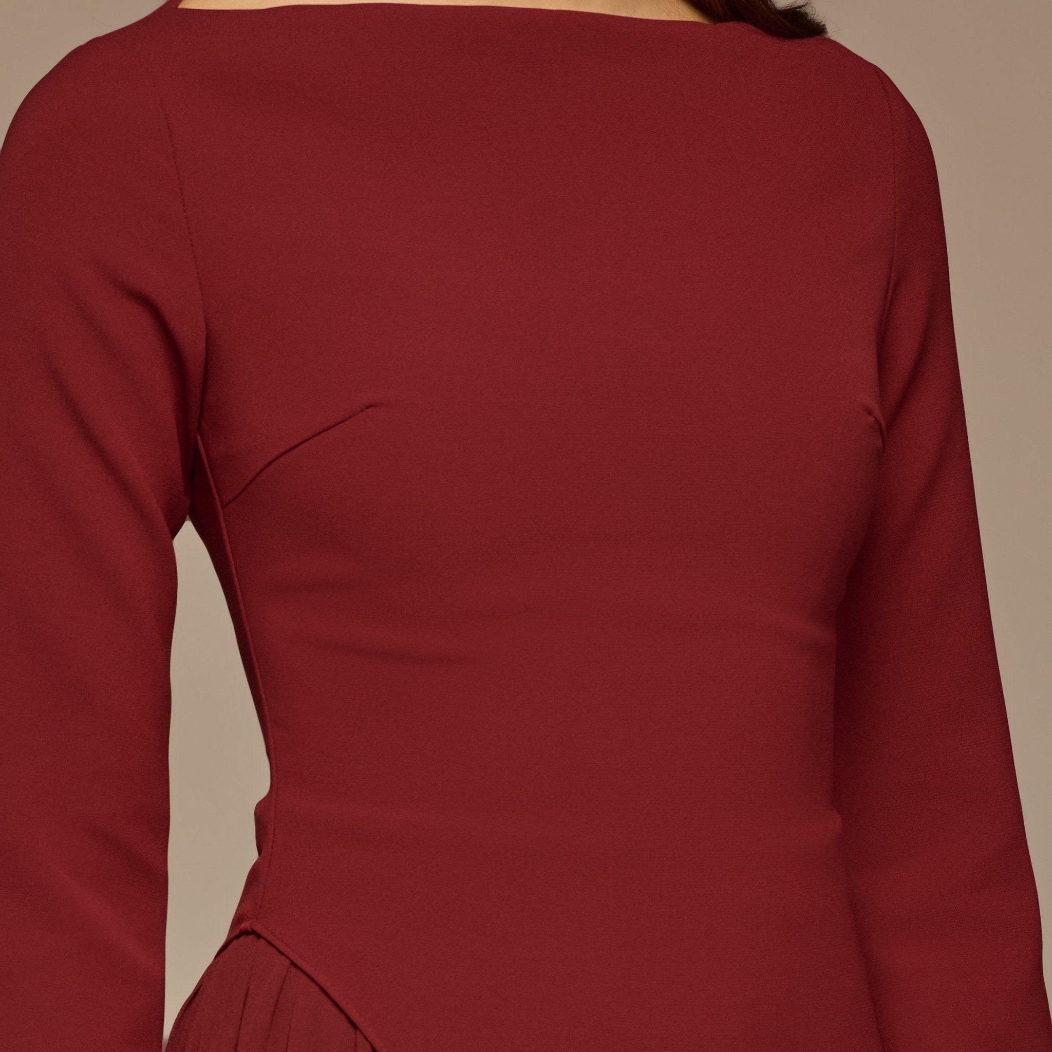 Burgundy Crepe Maxi Dress with Side Pleated Panel - shopaleena