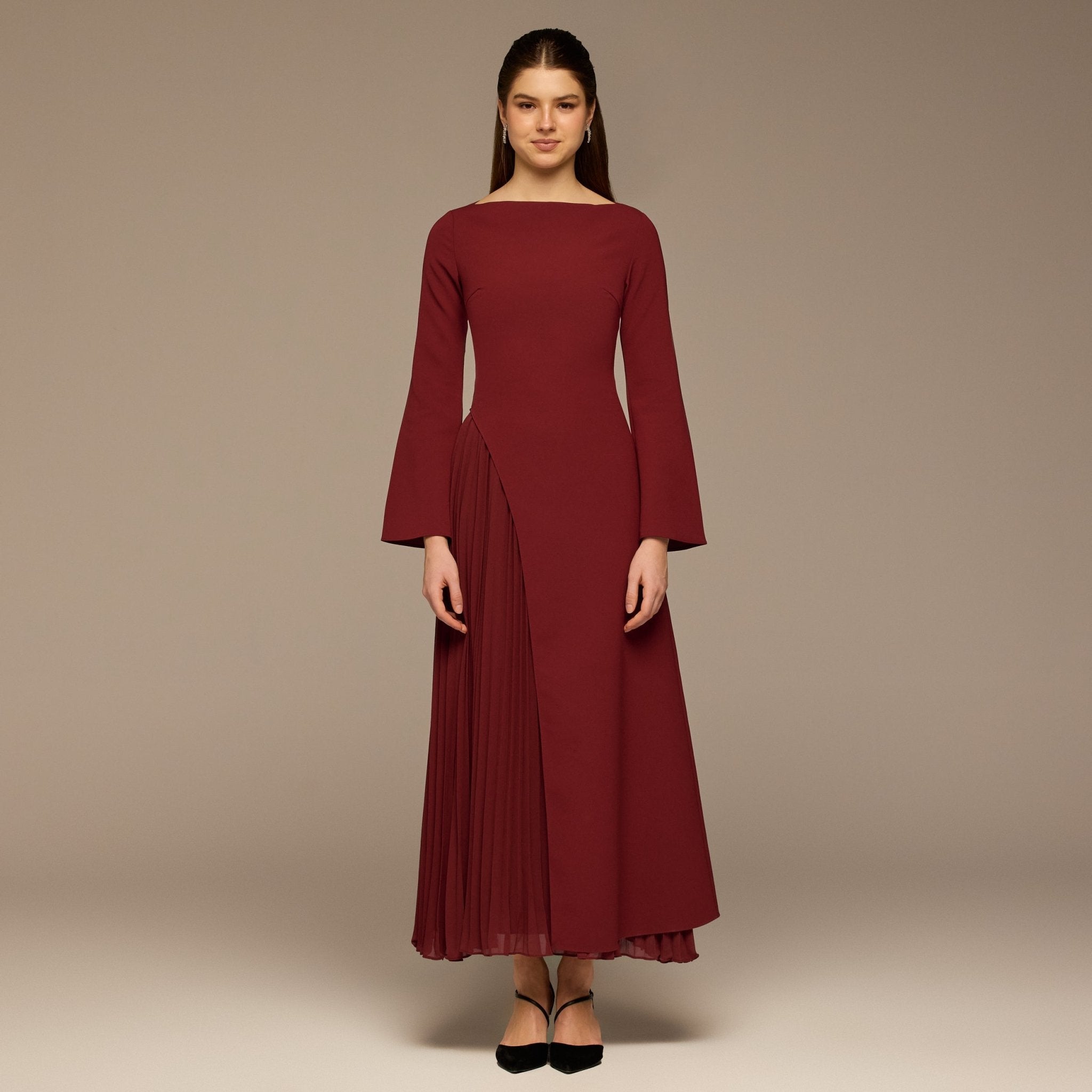 Burgundy Crepe Maxi Dress with Side Pleated Panel - shopaleena