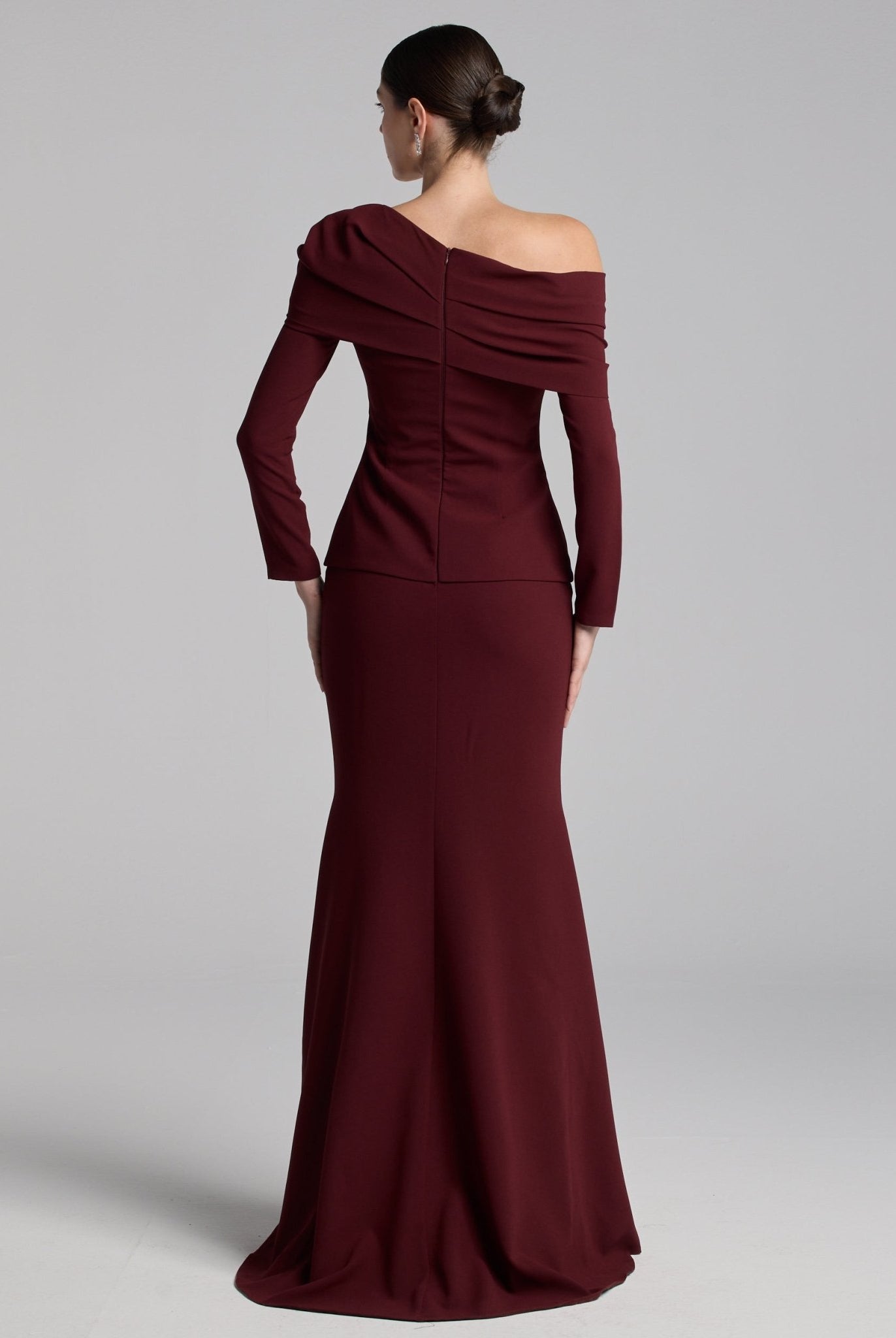Burgundy Crepe Off Shoulder Draped Maxi Dress - shopaleena