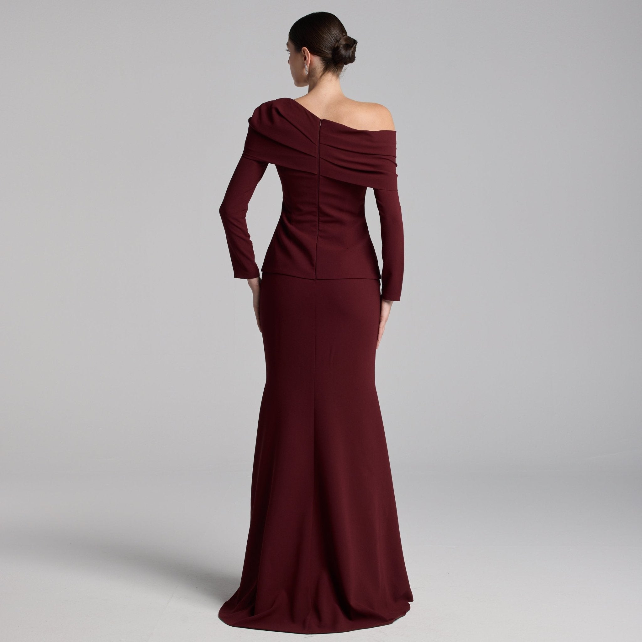 Burgundy Crepe Off Shoulder Draped Maxi Dress - shopaleena