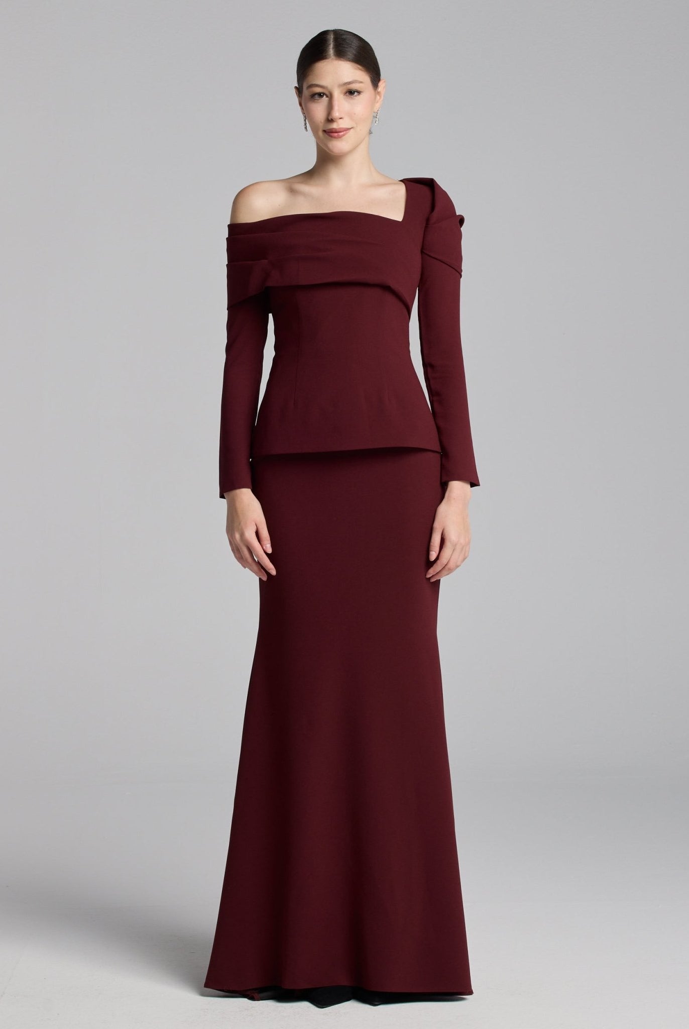Burgundy Crepe Off Shoulder Draped Maxi Dress - shopaleena