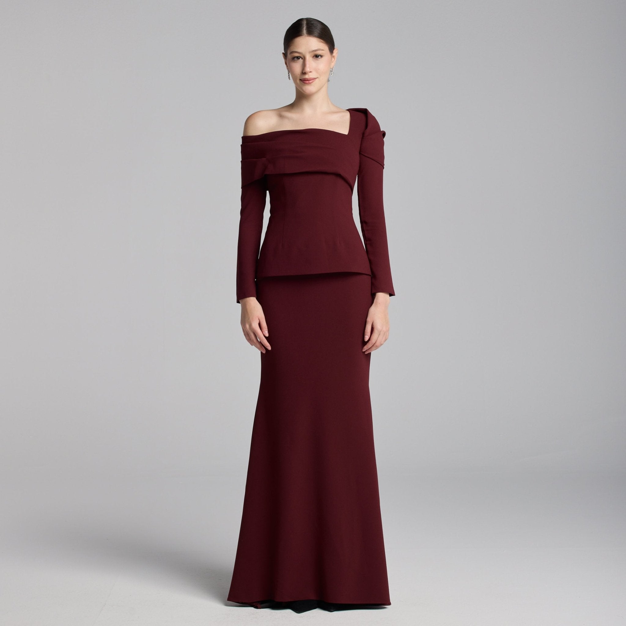 Burgundy Crepe Off Shoulder Draped Maxi Dress - shopaleena