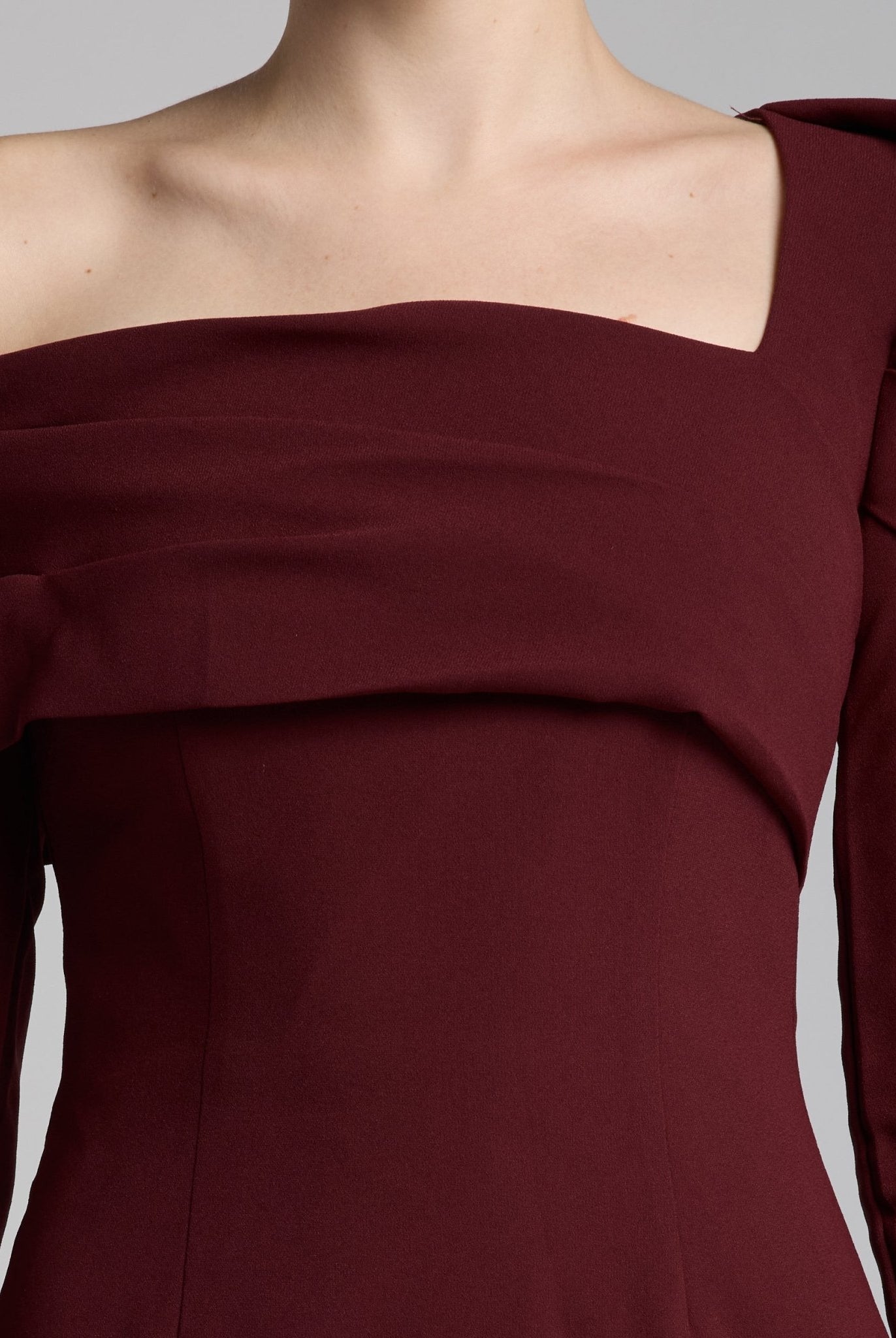 Burgundy Crepe Off Shoulder Draped Maxi Dress - shopaleena