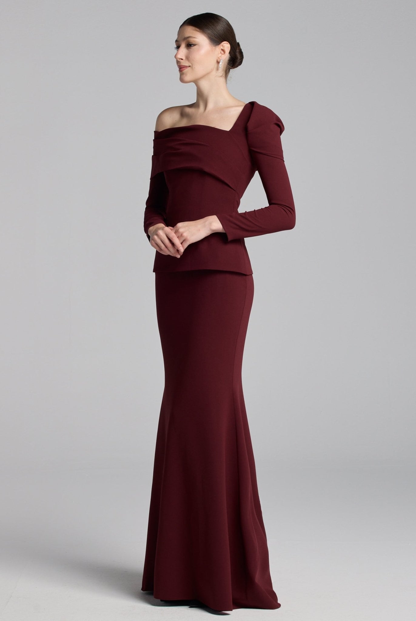 Burgundy Crepe Off Shoulder Draped Maxi Dress - shopaleena