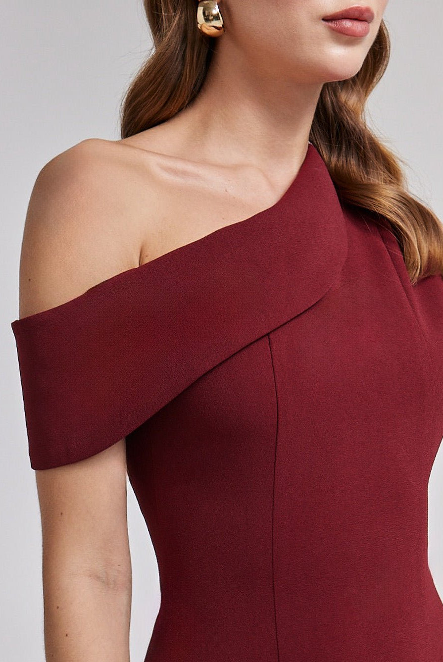 Burgundy Crepe One - Shoulder A - Line Dress - shopaleena