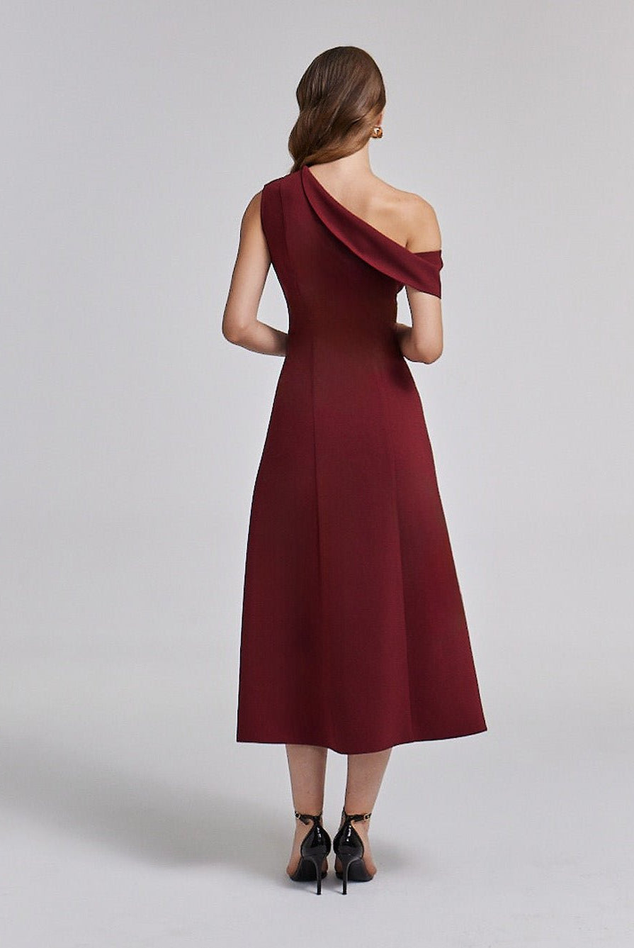 Burgundy Crepe One - Shoulder A - Line Dress - shopaleena
