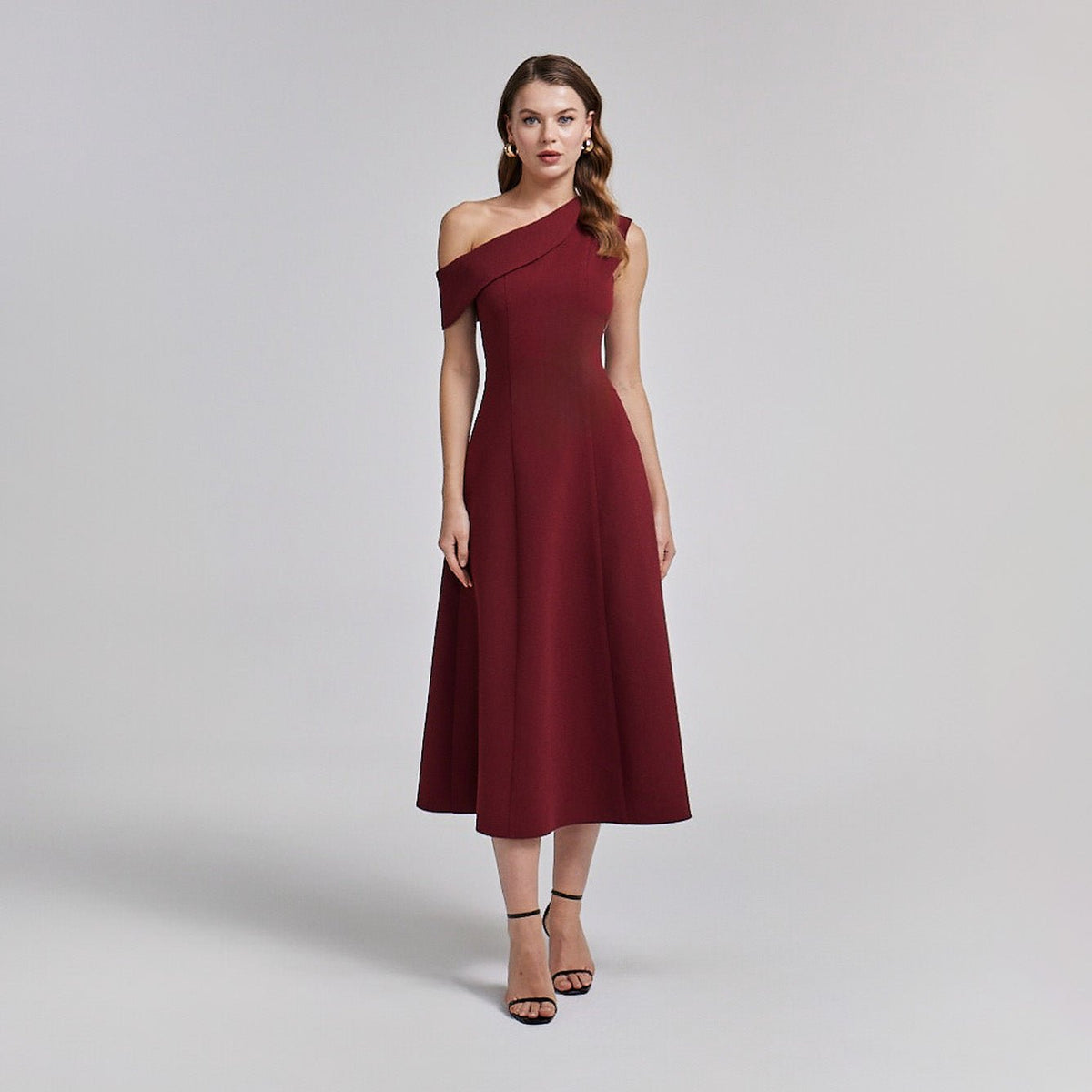 Burgundy Asymmetric Velvet Midi Dress shopaleena Burgundy Asymmetric Velvet Midi Dress shopaleena