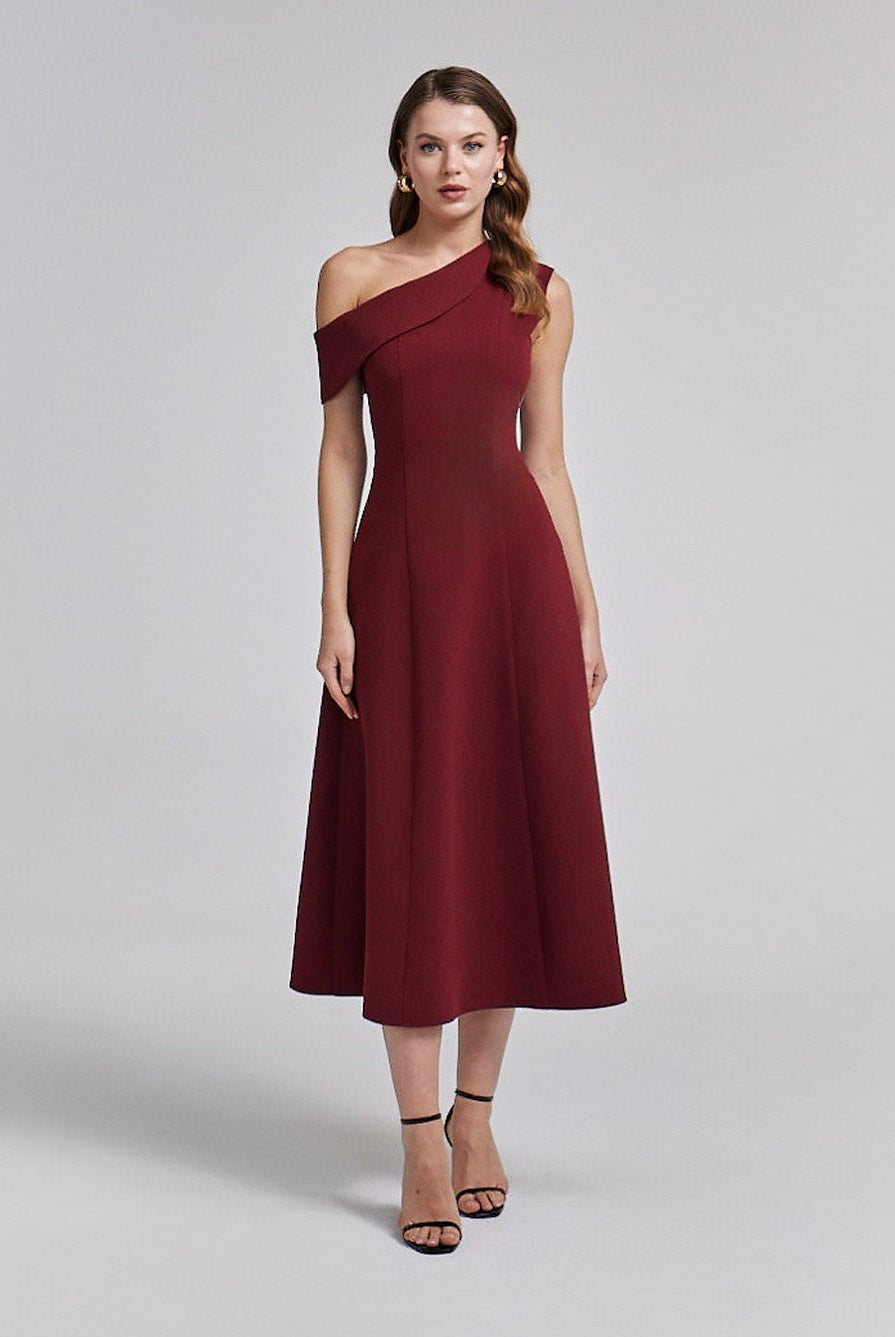 Burgundy Crepe One - Shoulder A - Line Dress - shopaleena