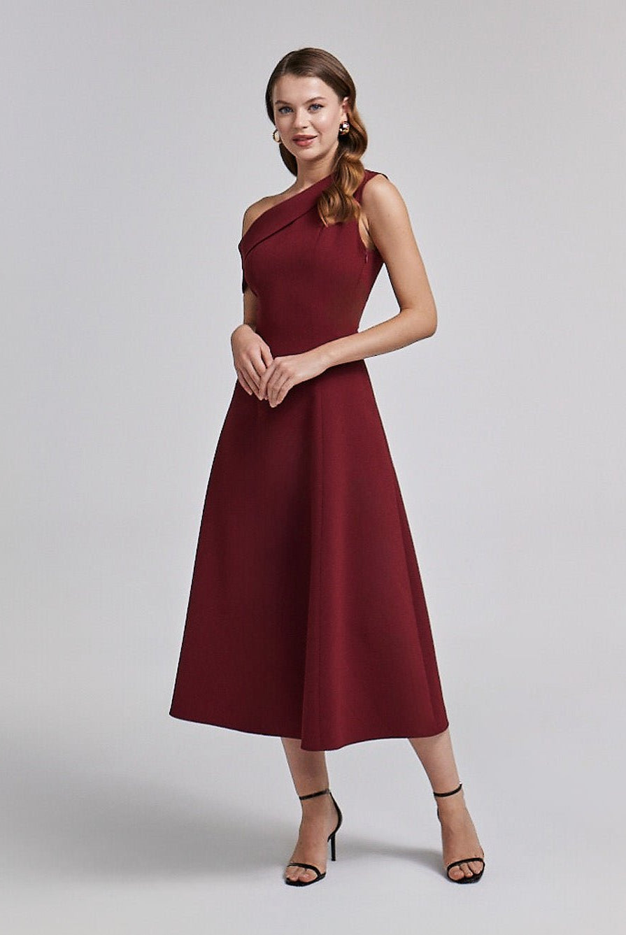 Burgundy Crepe One - Shoulder A - Line Dress - shopaleena