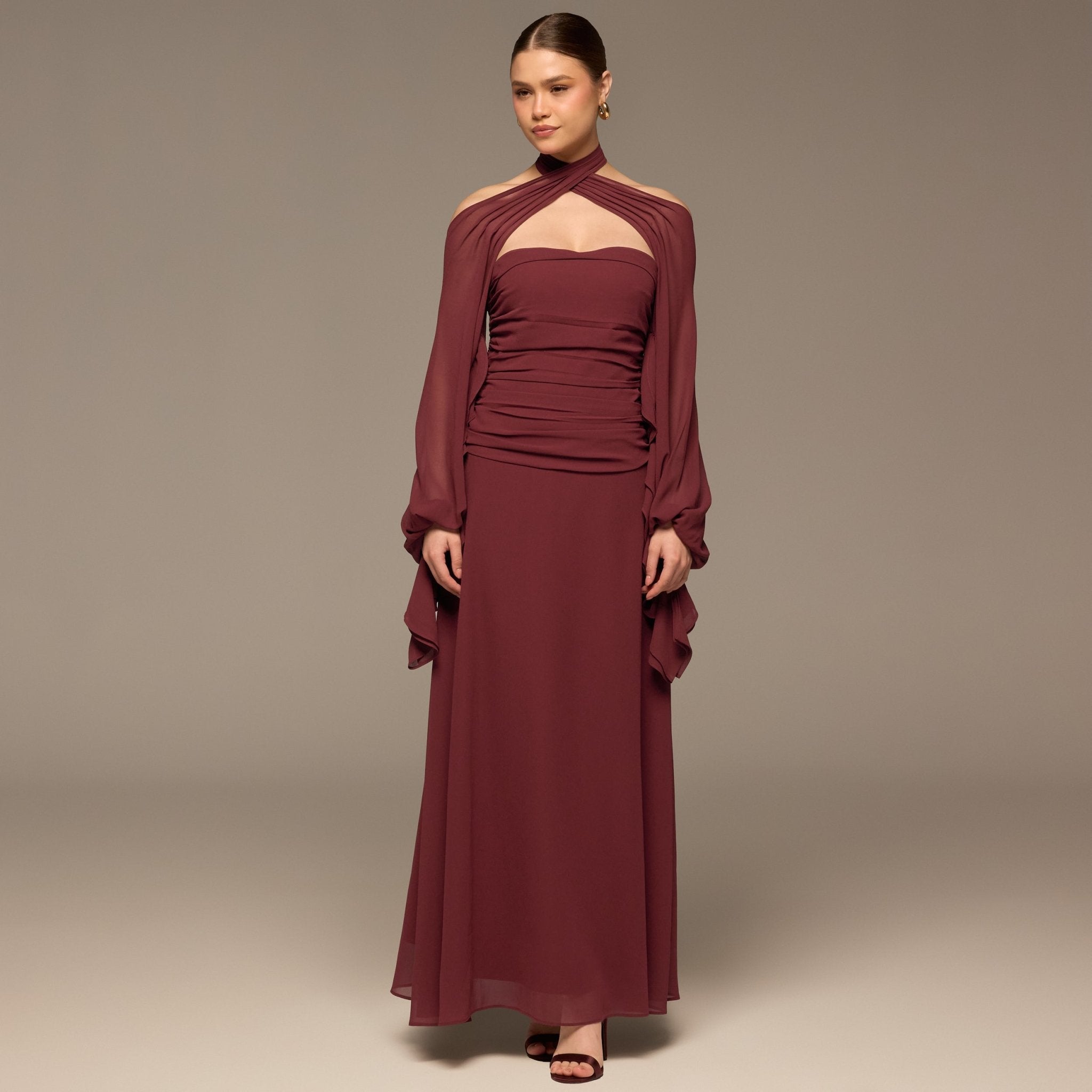 Burgundy Cross - Halter Chiffon Maxi Dress - shopaleena