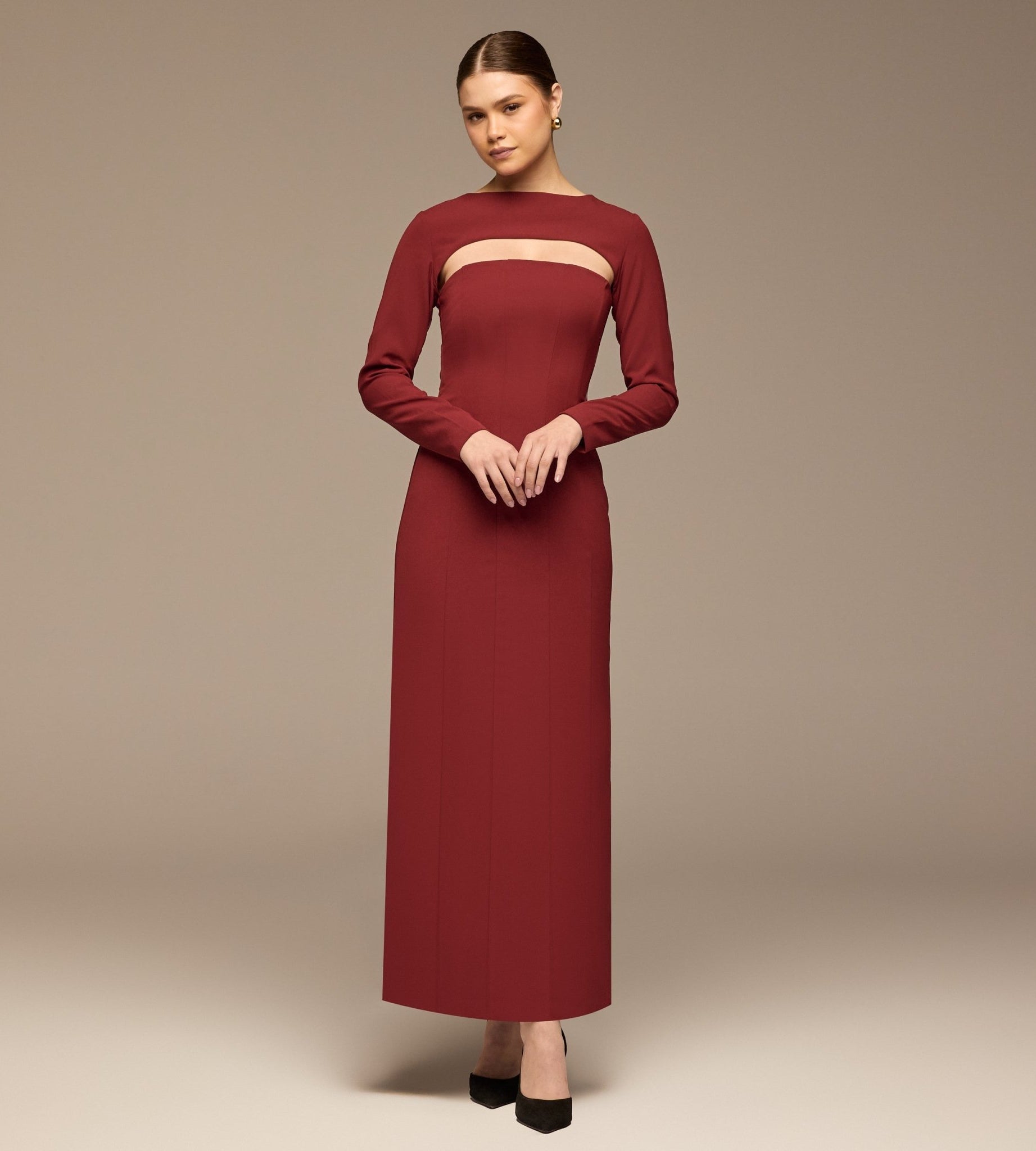 Burgundy Cut - Out Crepe Maxi Dress - shopaleena