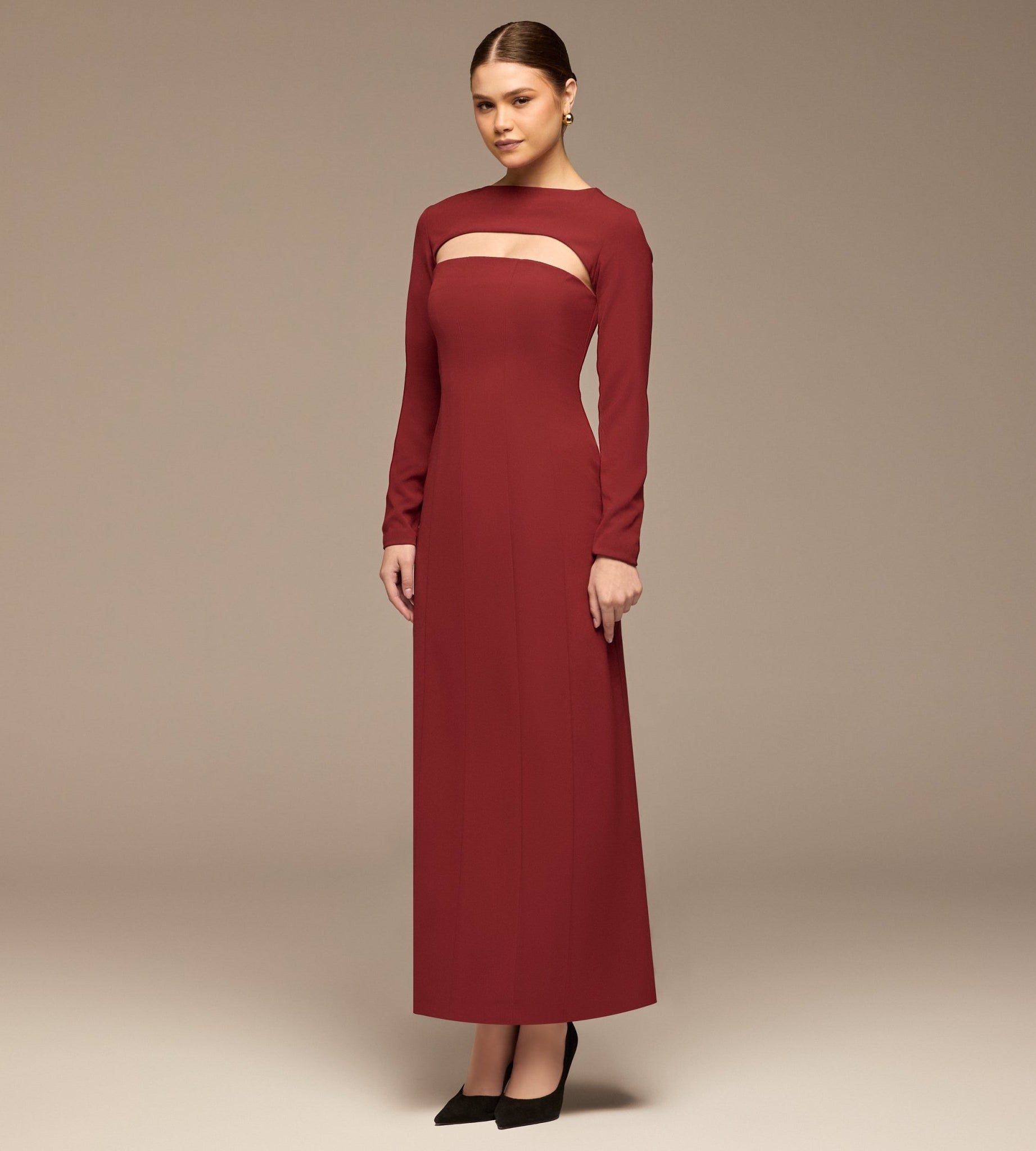 Burgundy Cut - Out Crepe Maxi Dress - shopaleena