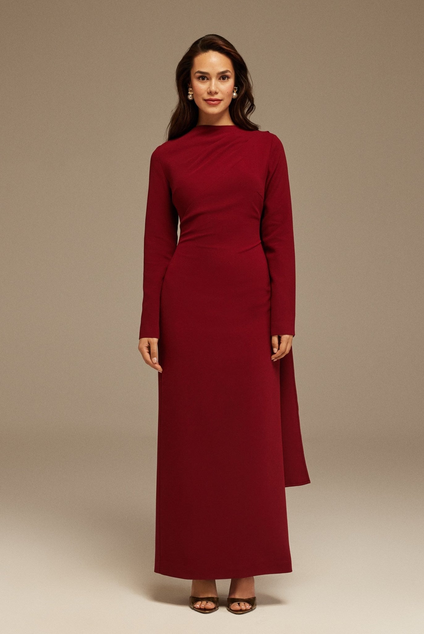 Burgundy Drape One - Shoulder Gown - shopaleena