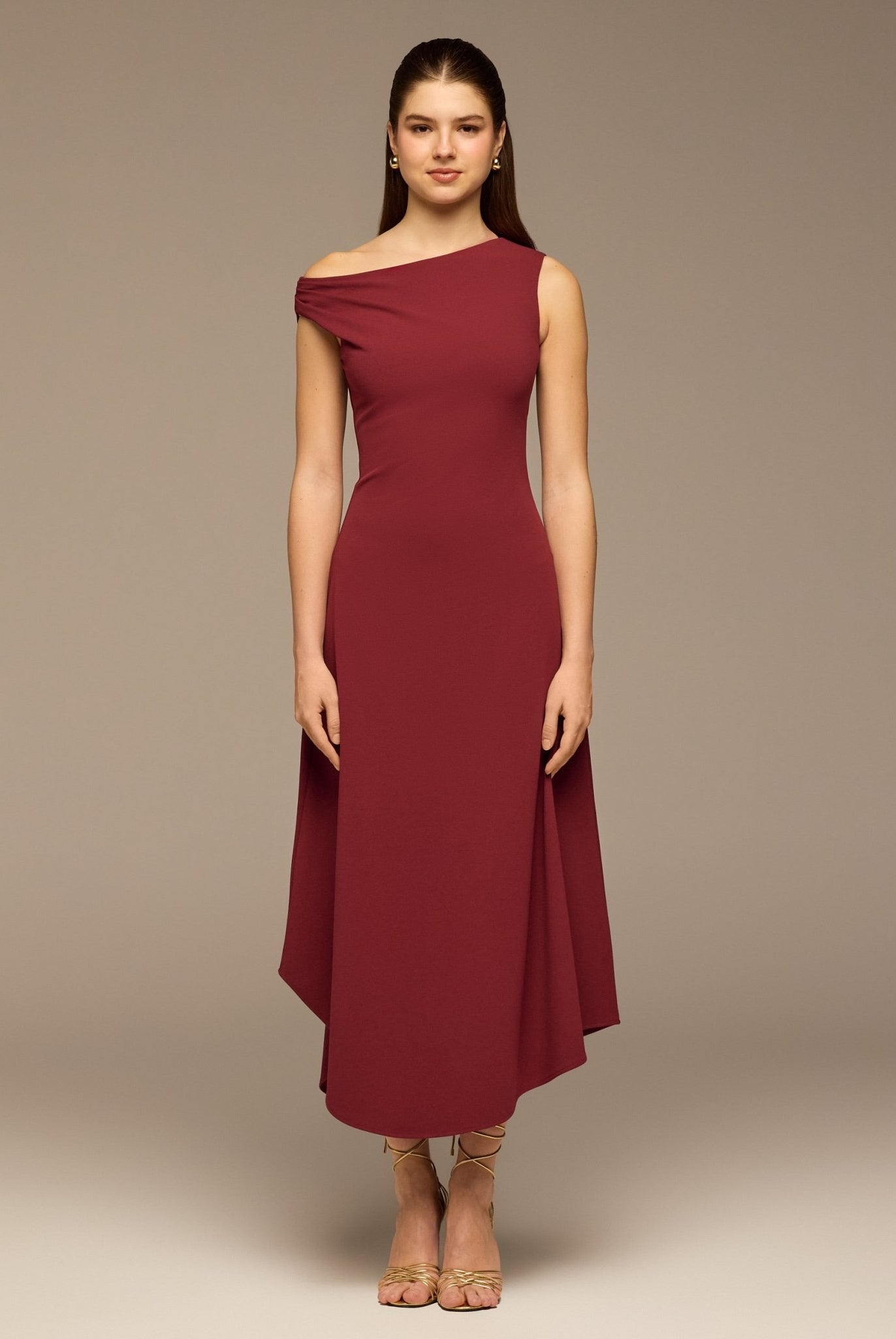 Burgundy Draped A - Line Crepe Midi Dress - shopaleena