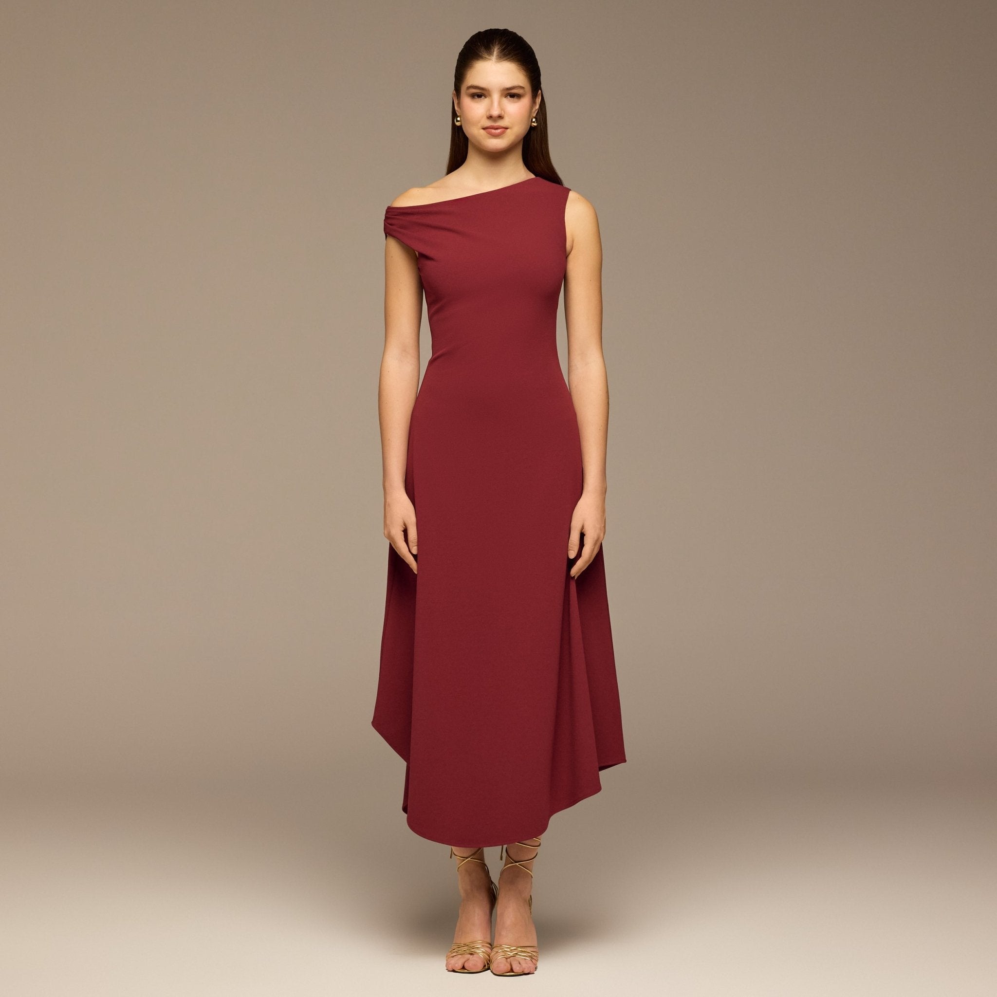 Burgundy Draped A - Line Crepe Midi Dress - shopaleena