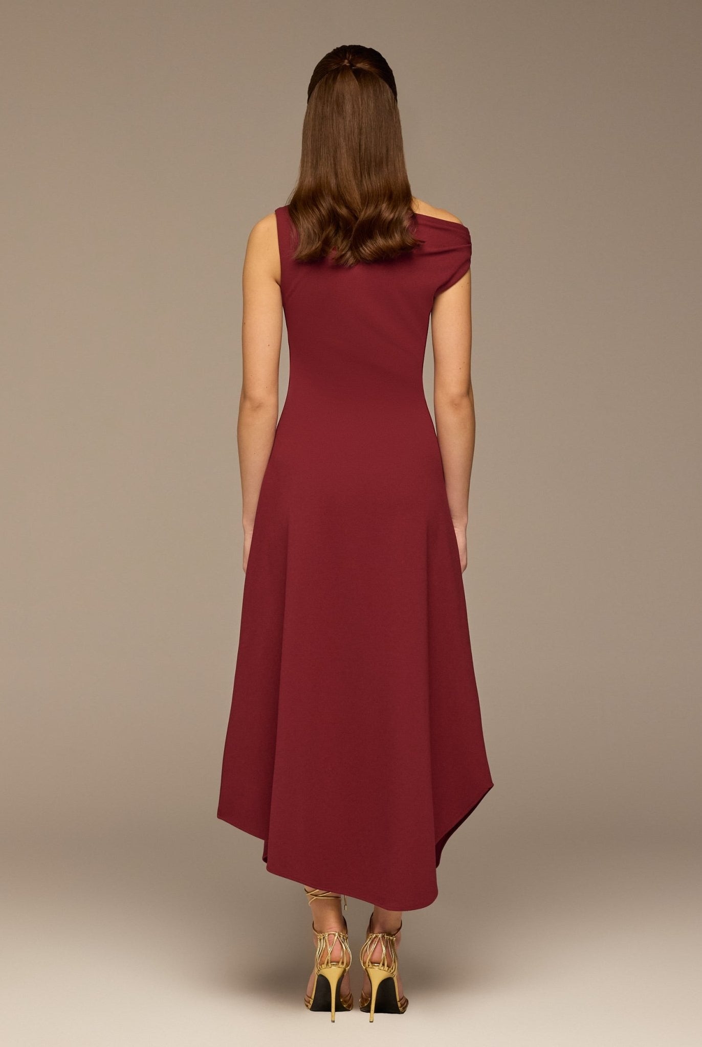 Burgundy Draped A - Line Crepe Midi Dress - shopaleena