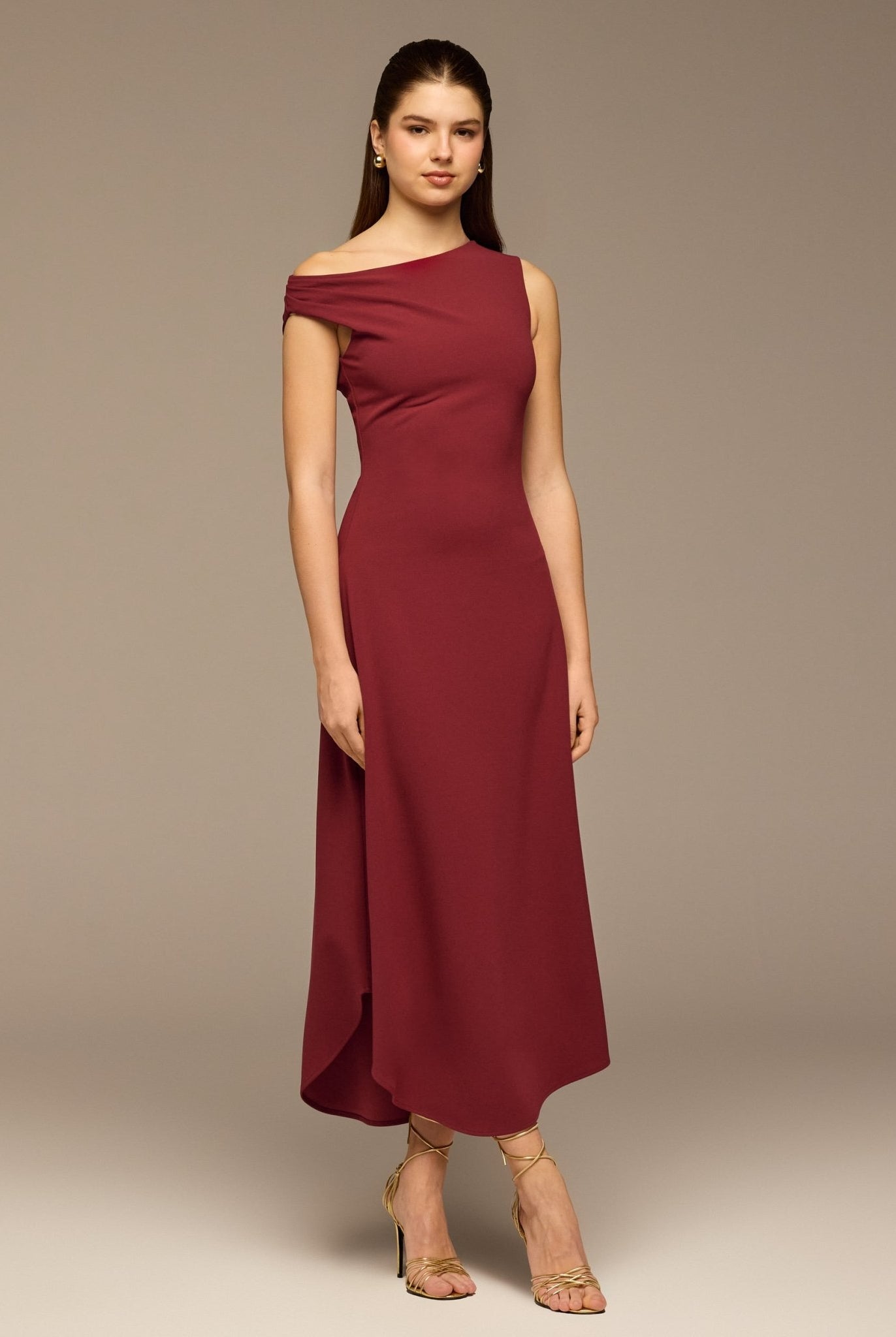 Burgundy Draped A - Line Crepe Midi Dress - shopaleena